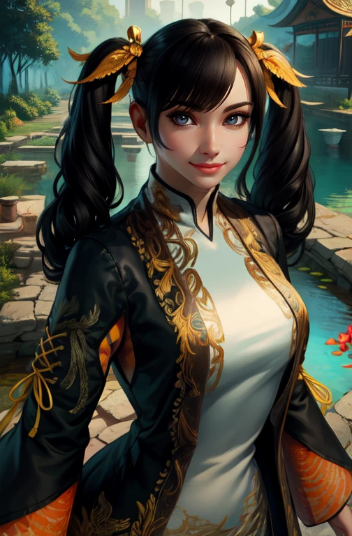 LingX, black hair, twintails, brown eyes,
chinese clothes, dress, long sleeves, black coat, white shirt, shorts, hair ornament,
standing, upper body,
temple, pond, dawn,
looking at viewer, smile,
(insanely detailed, beautiful detailed face,beautiful detailed eyes, masterpiece, best quality), solo,
<lora:LingXT8:0.8>