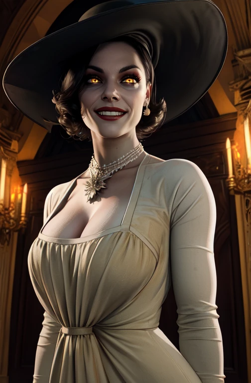 Alcina,yellow eyes,black hair,short hair,
white dress with flower,hat,single earring,cleavage, necklace, black gloves
upper body,standing,
looking at viewer,smile,
castle,indoors,night,
(insanely detailed, beautiful detailed face, beautiful detailed eyes, masterpiece, best quality),solo, <lora:AlcinaDimitrescu:0.8>