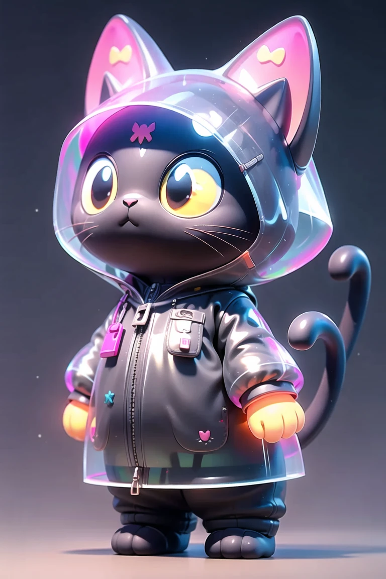 Pixar style,MG ip,cat,solo,hood,tail,black cat,no humans,shiny,1other,zipper,raincoat,standing,cat tail,cat hood,full body,cat ears,shiny clothes,animal hood,jacket,animal ears,simple background,see-through,whiskers,glowing,animal,