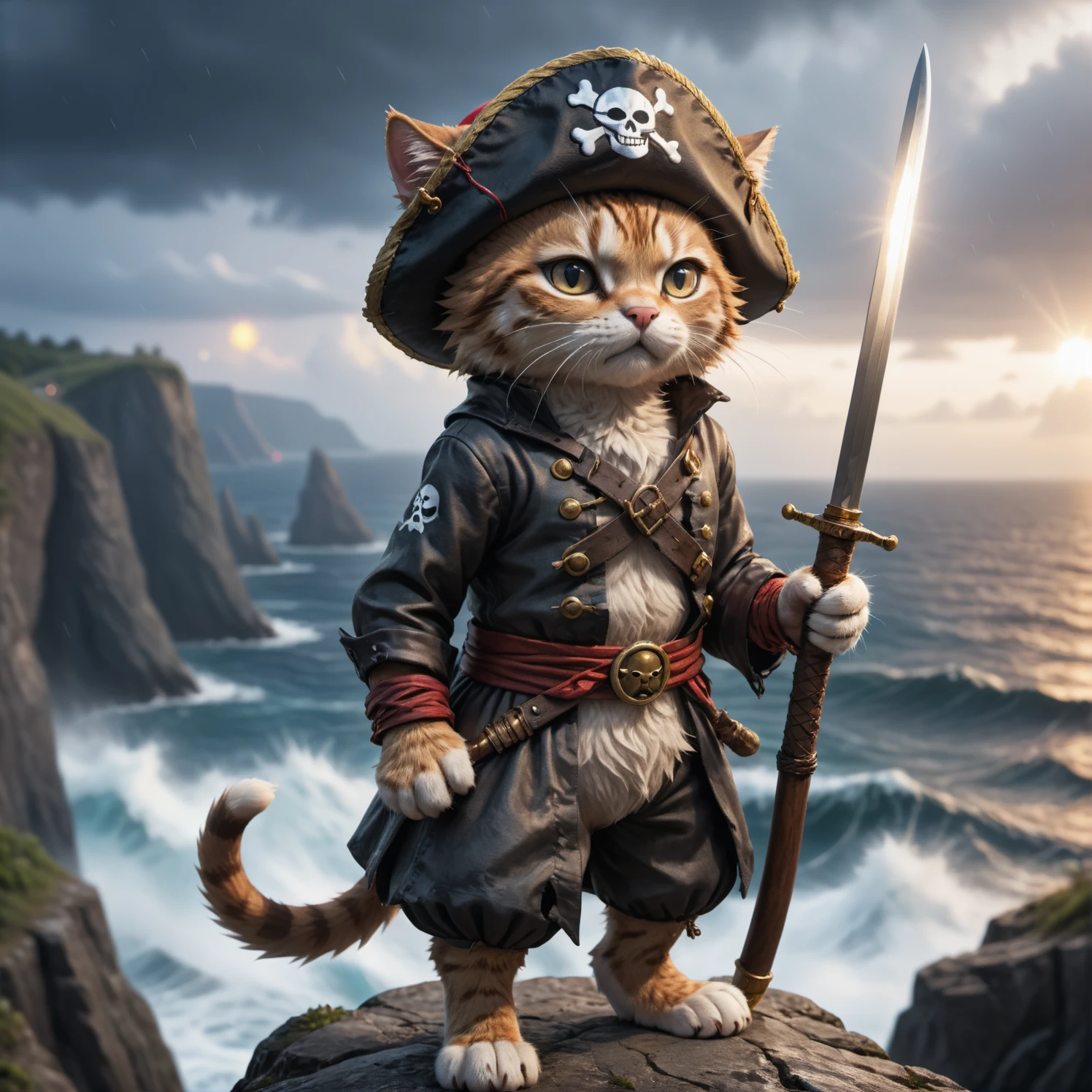 a cute cat pirat one piece outfit wearing a staw hat he is raising his saber and is standing on a cliff and is looking down on an stormy ocean a new dawn is rising on the horizont, high quality photography, 3 point lighting, flash with softbox, 4k, Canon EOS R3, hdr, smooth, sharp focus, high resolution, award winning photo, 80mm, f2.8, bokeh