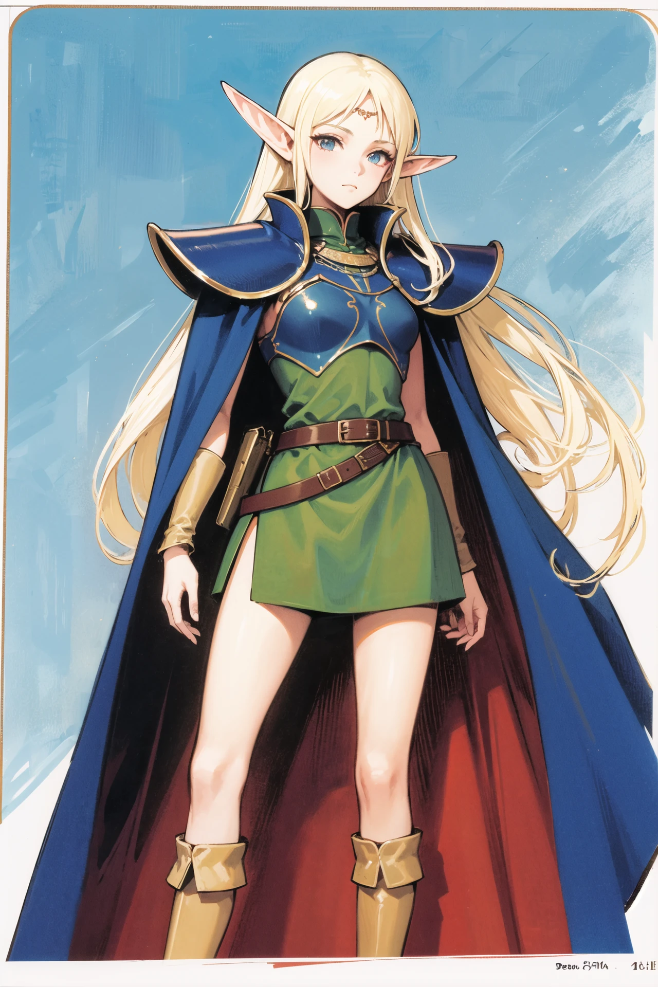 Deedlit,1girl,solo,pointy ears,long hair,cape,armor,blonde hair,elf,traditional media,standing,simple background,