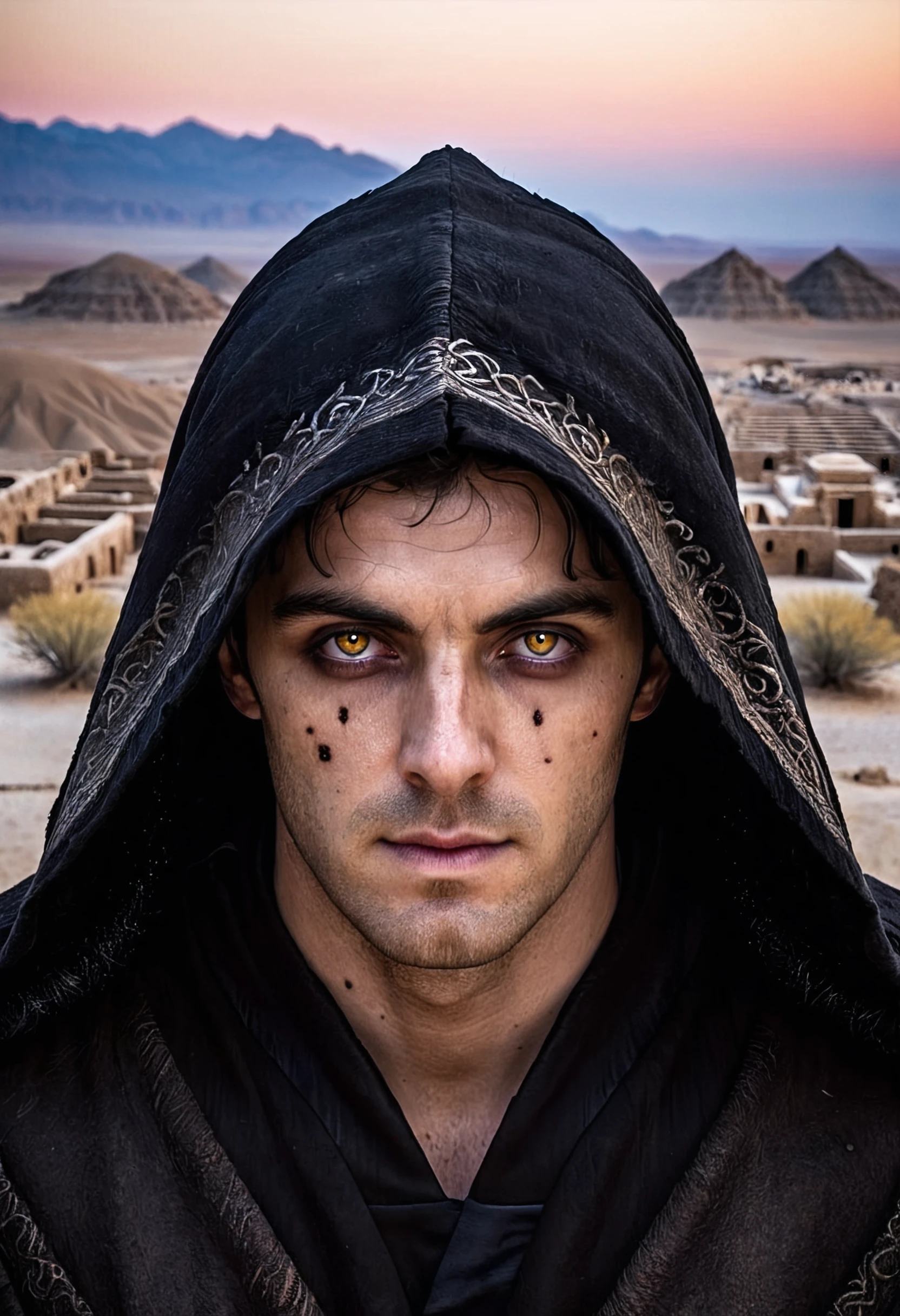 A photo of AndrwTggrt, looking at viewer, dark Jedi, yellow eyes, evil, black robes, dark eye circles, scary, evil, face veins, ancient tomb background, desert, hood, 8k, high quality