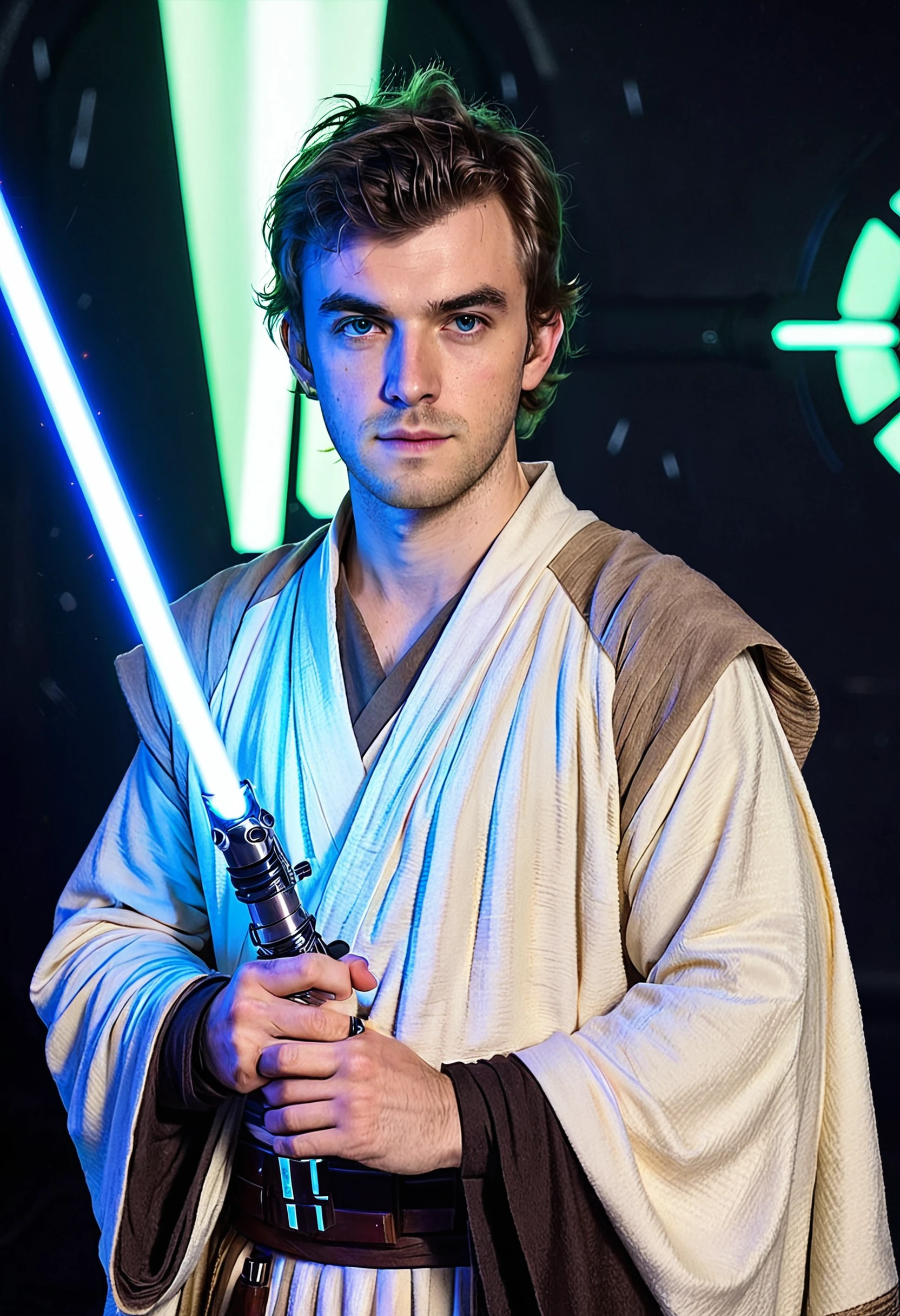 A photo of AndrwTggrt, looking at viewer, holding a lightsaber, jedi robes, 8k, high quality, Star Wars