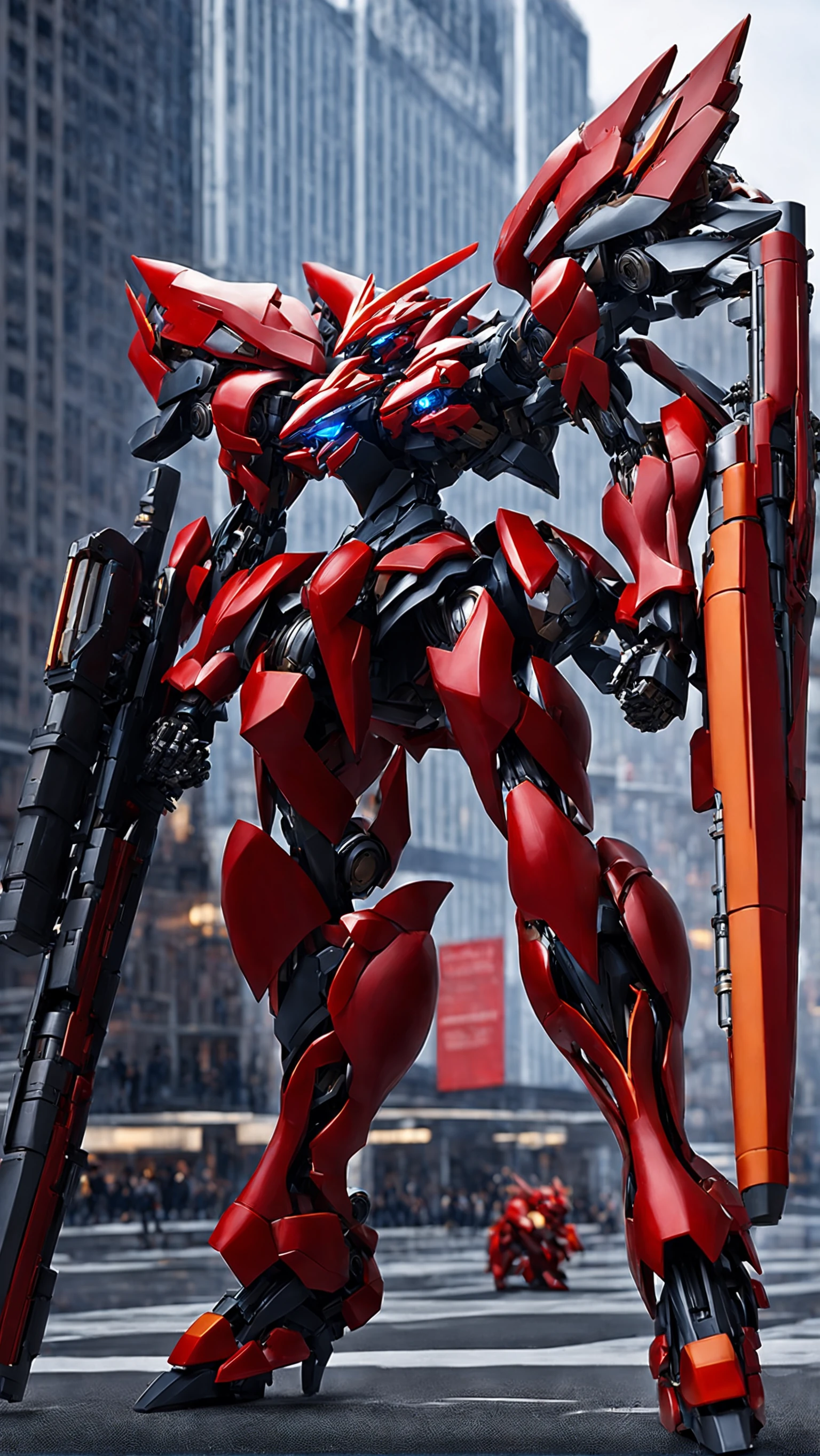 (RRS:1.7),(BRS:1.5), mecha ,(city:2),(mecha even bigger than buildings:2),(MECHA-BACK-UNIT:1.5),(heroic armor:2), (ultra-detailed mecha armor:2), (detailed armor description:2), (glowing:1.5), (battlefield:2), (full body:1.2), clenched hand, mechanical parts, (mechanical parts:1.5), (robot joints:1), (military parts:1.5), (heroic parts:1.5), best quality, masterpiece, highly detailed, ultra-detailed,(Detailed eye description:1.2),(huge mechanical weapon:1.3),(detailed weapon description:1.2),(huge mechanical gun:1.2), (holding weapon :1.3)<lora:srdxl_v2k:0.4>