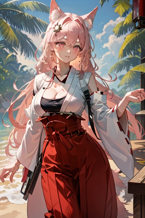 best quality, masterpiece, highres, solo, {white kimono:1.35}, {red hakama:1.35}, {wide sleeves:1.20}, {pozemka_arknights:1.15}, animal_ears, long_hair, pink_hair, pink_eyes, wolf_ears, wolf_girl, breasts, braid, hair_ornament, animal_ear_fluff, extra_ears, hair_intakes, very_long_hair, upper_body, hair_between_eyes, cleavage