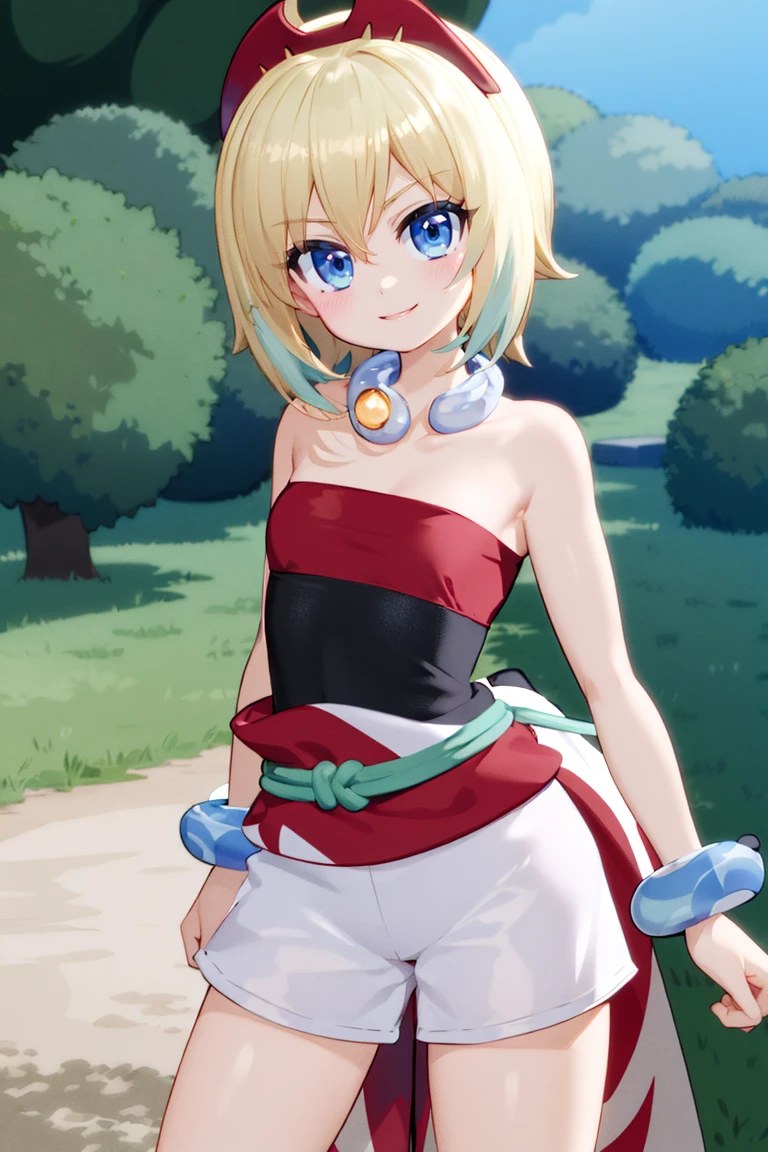 <lora:Mantis_Style:0.8>, ((masterpiece,best quality)), , <lora:irida_(pokemon)_v1:0.7>, aairida, short hair, red hairband, neck ring, collar, strapless shirt, red shirt, bracelet, sash, waist cape, white shorts, bare legs, solo, smiling, looking at viewer, cowboy shot, cinematic composition, contrapposto,