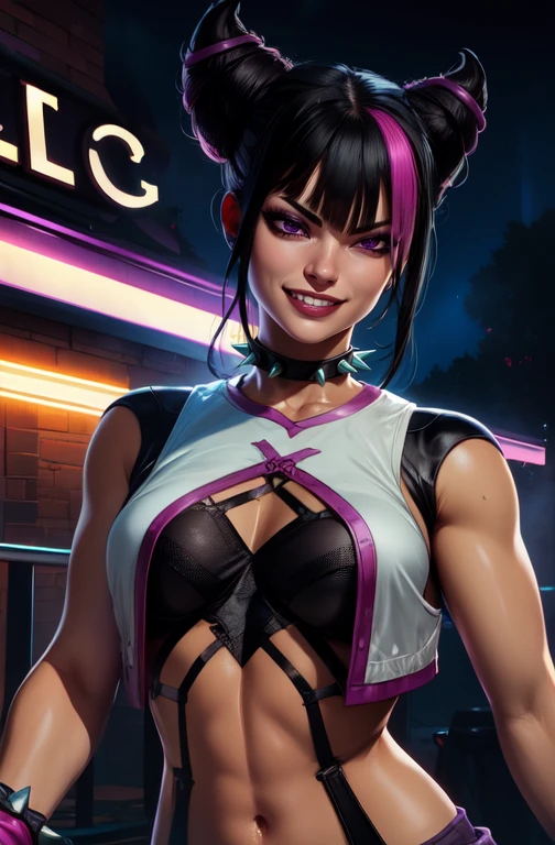 Juri , black hair,two-tone hair,  hair horns, purple eyes, 
spiked bracelet, spiked collar,  fingerless gloves,  white vest, navel, 
standing,  upper body,  evil smile, 
night club, 
(insanely detailed, beautiful detailed face, beautiful detailed eyes, masterpiece, best quality),solo, 
 <lora:JuriSF6-10:0.8>