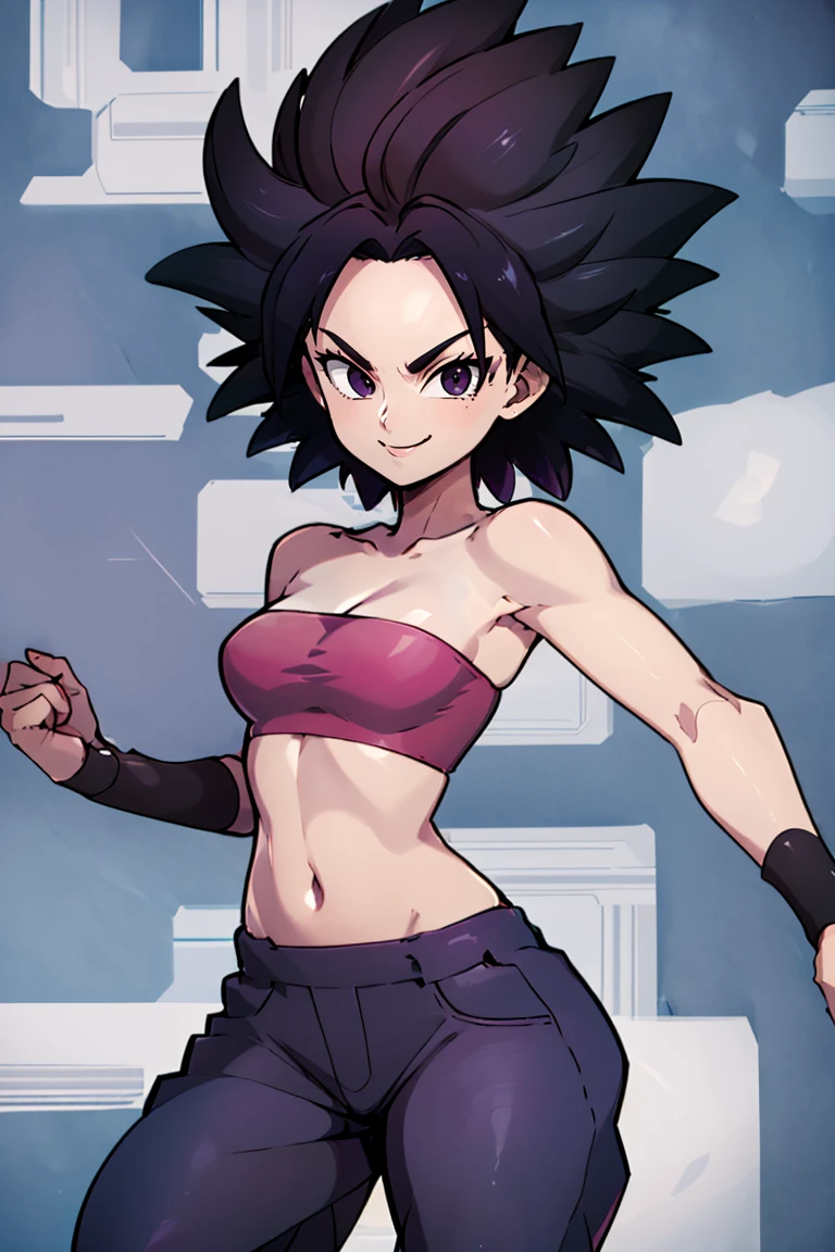 <lora:Sugimori_Ken_Style_v1:0.8>, ((masterpiece,best quality)), absurdres, <lora:Caulifla_DB_v3_Anime:0.8>, Caulifla_DB, bare shoulders, midriff, purple baggy pants, pink tube top, black bracelets,solo, smiling, smug, looking at viewer, cowboy shot, cinematic composition,