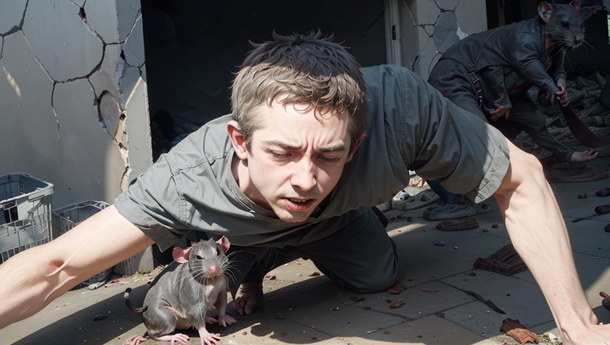 1boy, male focus, holding head in pain, bloody lip, rat ninja, pained expression, (((rats on ground))), forest background