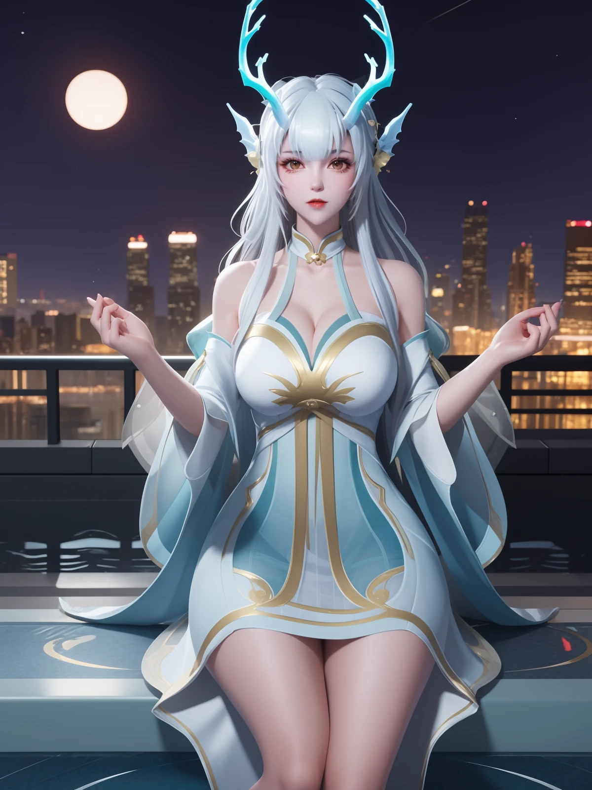 WZRYxishiYLQY, 1girl, solo, long hair, dress, white hair,horns, headgear, <lora:WZRYxishiYLQY:0.75>,cityscape, night, looking at viewer, mature female, pool,long sleeves,see-through,collar, wide sleeves, sitting,
