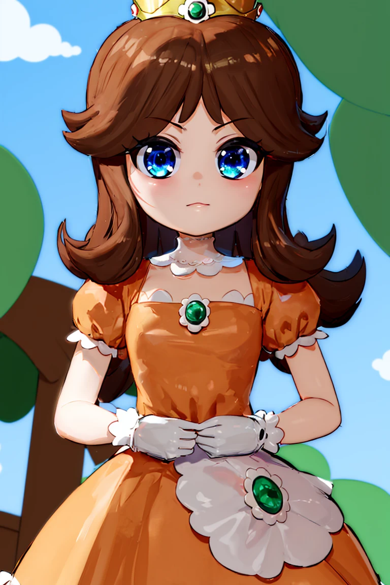 <lora:Mantis_Style:0.8>, (masterpiece, best quality), 1girl, <lora:princessdaisy-lora-nochekaiser:1> princess daisy, blue eyes, long hair, orange hair, crown, daisy, dress, flower, gem, gloves, orange dress, puffy short sleeves, puffy sleeves, short sleeves, white gloves,