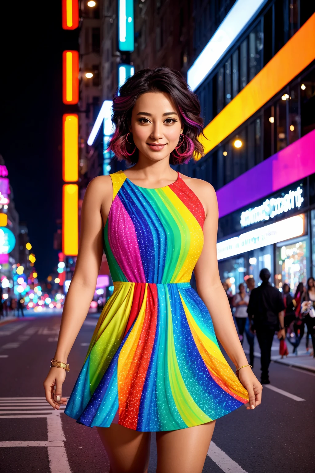 VandaM_SoloTI_v1,
(In a vibrant, retro-inspired dress with flowing skirts and bold colors, exuding a sense of artistic passion and ambition), (Amidst the bustling streets of Los Angeles, where jazz music and dreams create a symphony of romance and ambition, a sense of creativity and nostalgia fills the vibrant air:1.3), (dreamy:1.3), (colorful, whimsical setting, musical numbers, aspirational shot:1.3),
 <lora:add_detail:0.6> epiCPhoto, PA7_Portrait-MCU,