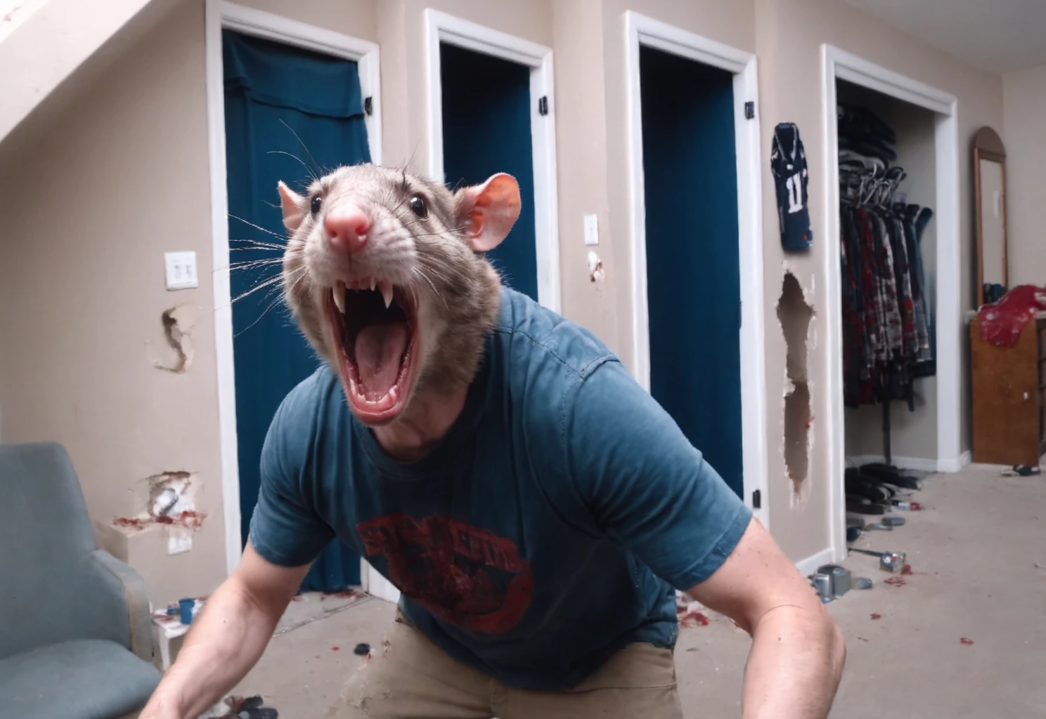 <lora:XL_bossmanjack_v3:1>, best quality, 1boy, male focus, solo, indoors, ((smashing bloody rat against wall)), pained grin, teeth, detailed, 4k, 8k