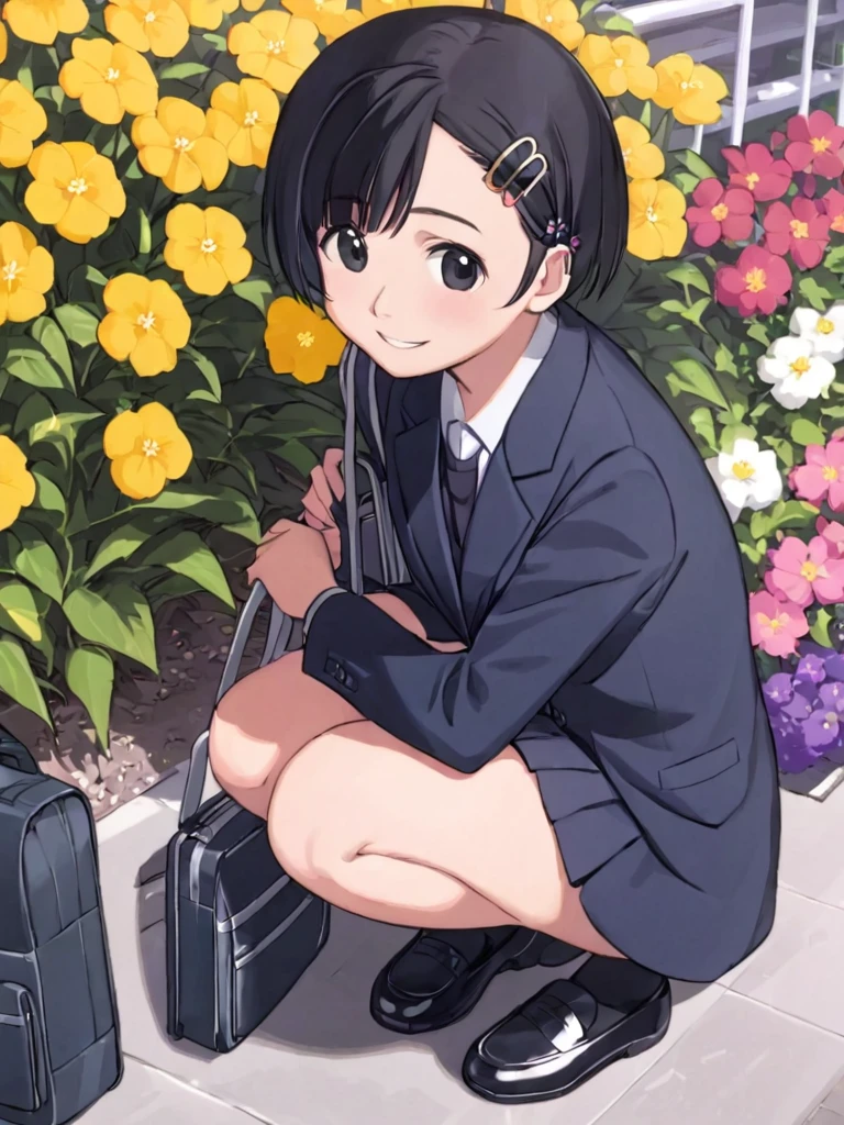 <lora:comiclo_xl:1>,1girl, solo, flower, school uniform, black hair, bag, squatting, black eyes, jacket, skirt, blazer, school bag, hairclip, smile, hair ornament, socks, short hair, loafers, shoes