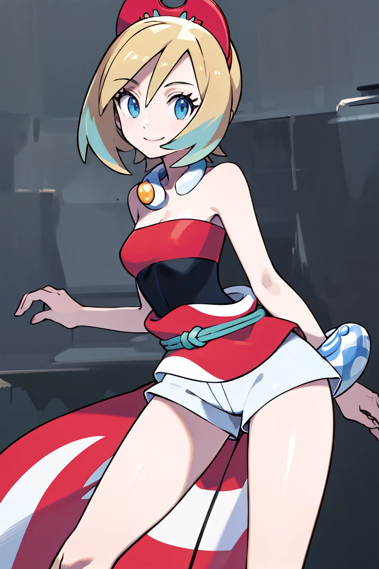pokemonirida, <lora:pokemonirida-lora-nochekaiser:1>,
pokemonirida, blonde hair, blue eyes, hair between eyes, medium hair, (small breasts:1.2),
BREAK bracelet, hat, jewelry, neck ring, red headwear, red shirt, sash, shirt, shorts, strapless, strapless shirt, waist cape, white shorts,
BREAK looking at viewer, (full body:1.2),
BREAK outdoors, city, sky,
BREAK <lyco:GoodHands-beta2:1>, (masterpiece:1.2), best quality, high resolution, unity 8k wallpaper, (illustration:0.8), (beautiful detailed eyes:1.6), extremely detailed face, perfect lighting, extremely detailed CG, (perfect hands, perfect anatomy),