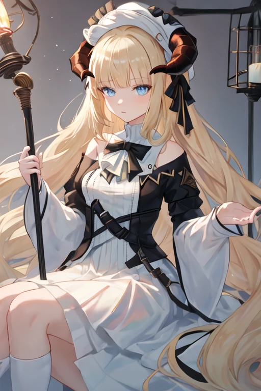 best quality, masterpiece, highres, solo, {nightingale_arknights:1.15}, long_hair, horns, blonde_hair, bangs, blue_eyes, hat, very_long_hair, white_headwear, upper_body, demon_horns, 1girl, bare_shoulders, dress, holding, long_sleeves, staff, white_dress, holding_staff, looking_at_viewer, horns_through_headwear
