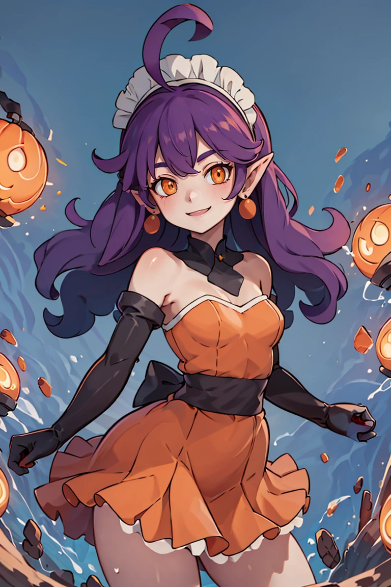 <lora:Sugimori_Ken_Style_v2:0.8>, ((masterpiece,best quality)), absurdres, <lora:Stardust_Pumpkins_Citron_OC_Anime:0.8>, Stardust_Pumpkins_Citron_OC, 1girl, solo, long purple hair, orange eyes, ahoge, pointy ears, orange dress, elbow gloves, bare shoulders, maid headdress, jewelry, earrings, solo, smiling, looking at viewer, cowboy shot, cinematic composition, , contrapposto,