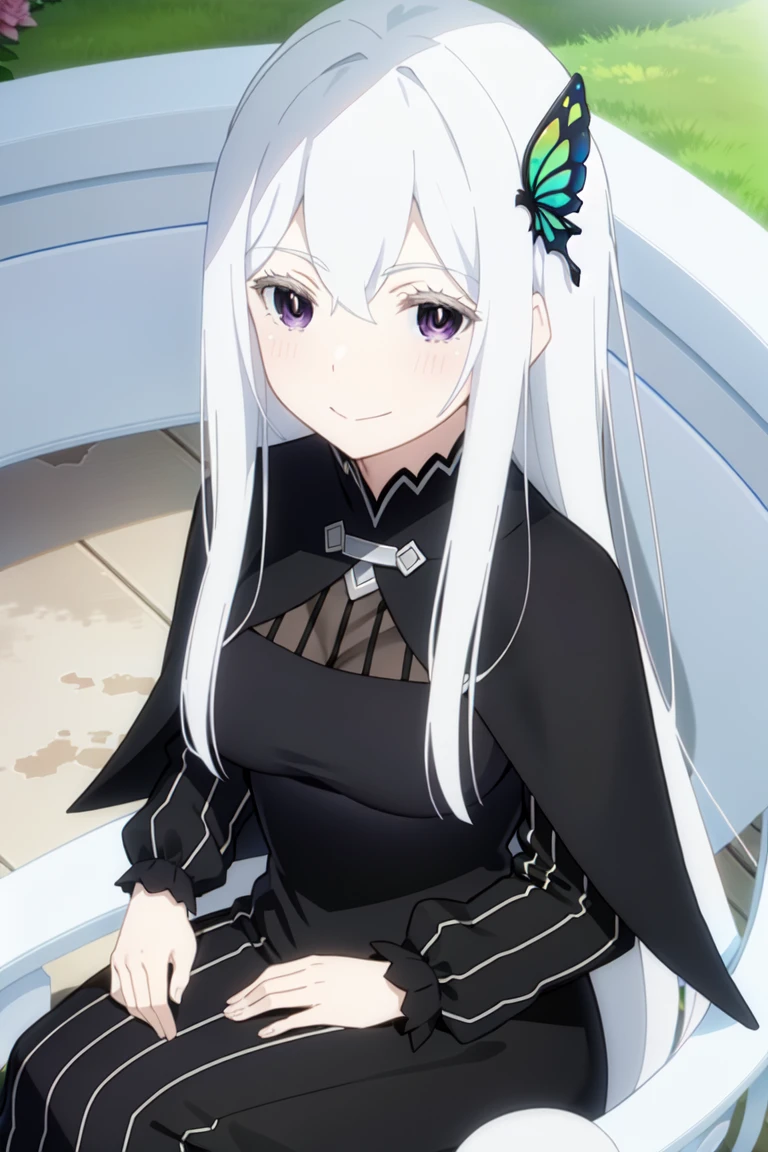 Echidna
<lora:EchidnaV2:0.8>
1girl, bangs, black_capelet, black_dress, blush, breasts, butterfly_hair_ornament, capelet, closed_mouth, colored_eyelashes, dress, hair_between_eyes, hair_ornament, knee_up, large_breasts, long_hair, long_sleeves, looking_at_viewer, medium_breasts, purple_eyes, silver_hair, sitting, smile, solo, striped, striped_dress, vertical_stripes, very_long_hair
