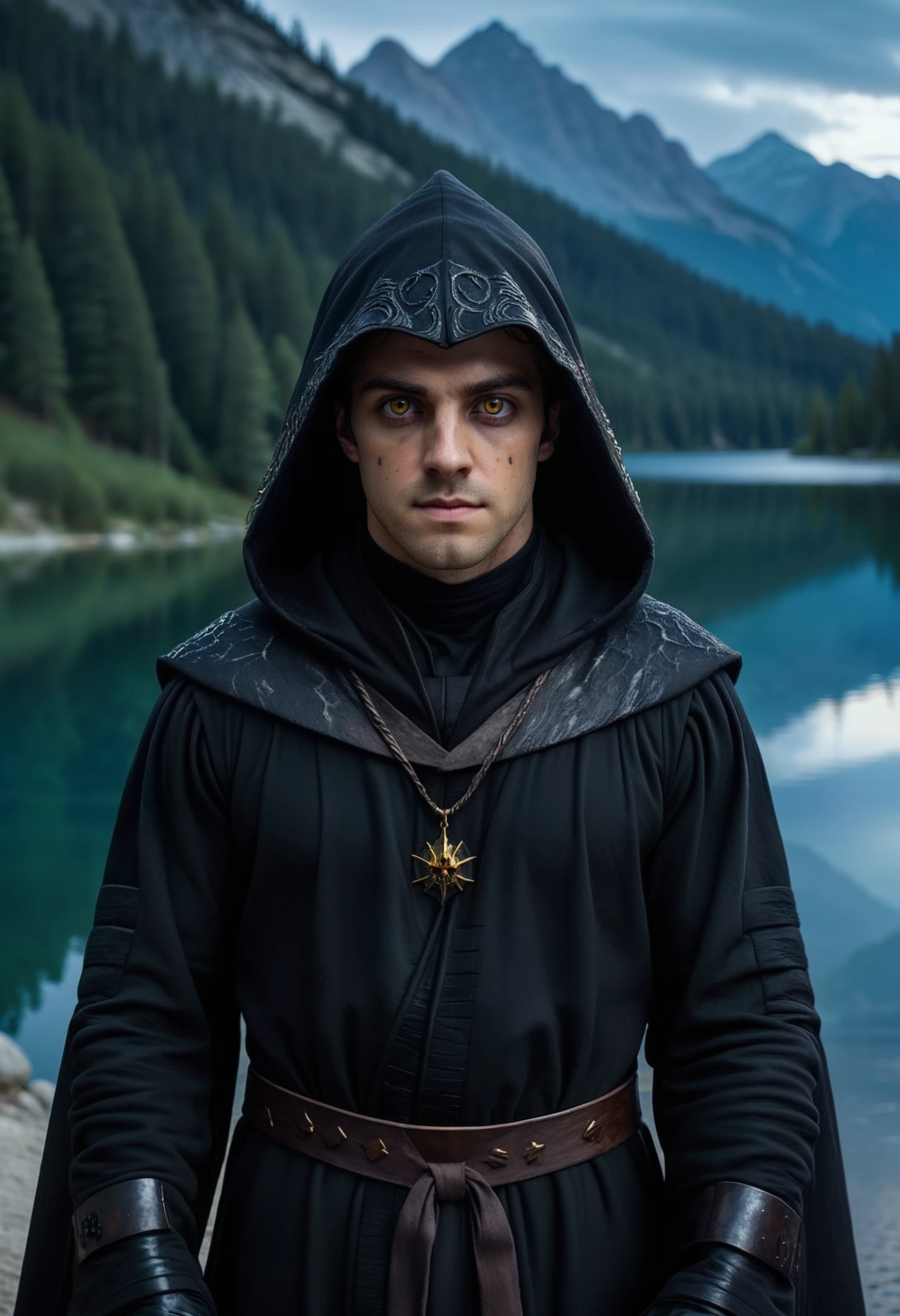 A photo of AndrwTggrt standing by a lake, wearing black robes, hood, detailed face, evil yellow eyes, dark eyes circles, scary, Star Wars, 8k, high quality <lora:taggartXL-000004:0.7>