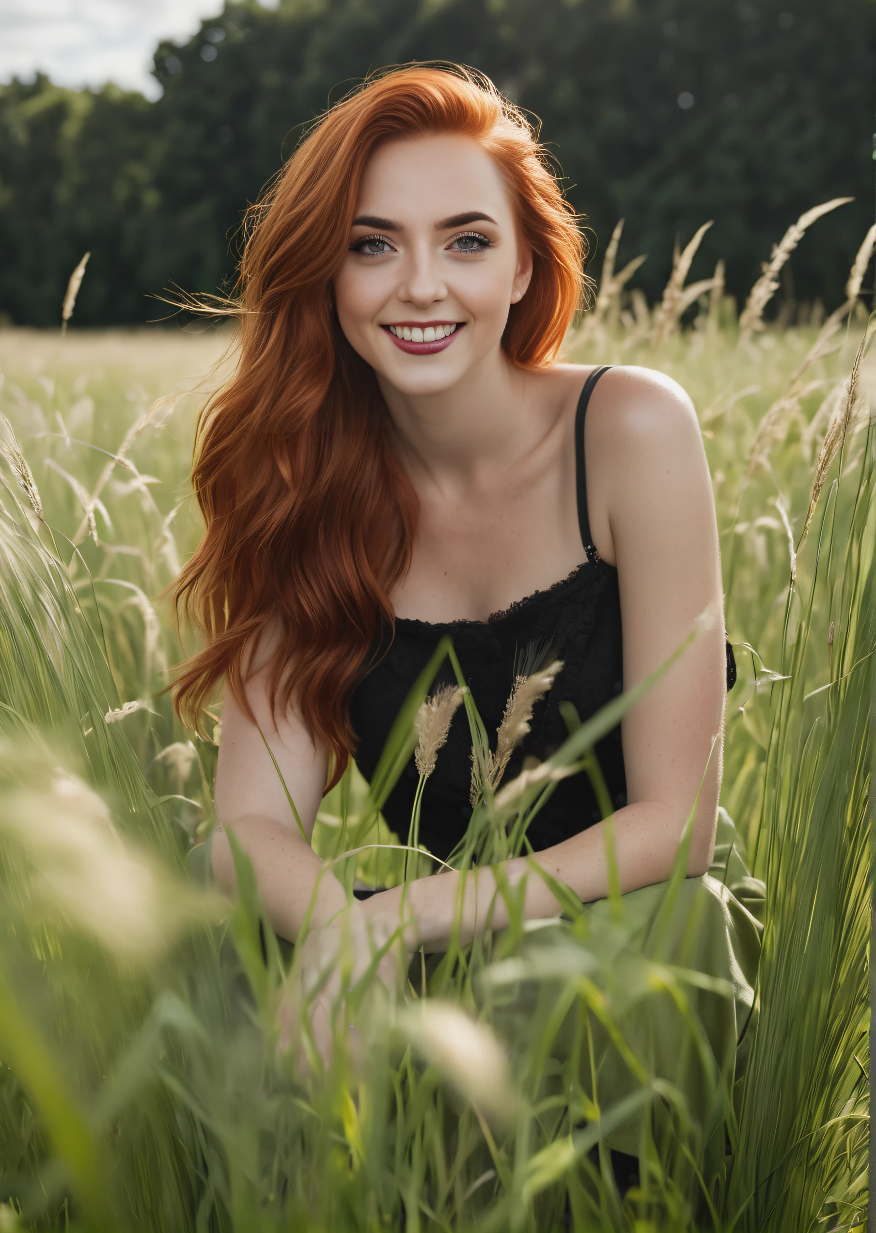 a woman with red hair is sitting in a field of tall grass and smiling at the camera with a smile on her face,realistic skin details,realistic hair details,eyeliner,(freckles:0.3),(red lips:0.9),(eyeliner:0.8),Raw photo,8k,realistic skin details,realistic hair details,8k uhd,dslr,high quality,film grain,fujifilm xt3,16k uhd,dslr,best quality,decent Wrinkles,Fine Lines,Hyperpigmentation,Dark Spots,Pores,Dry Skin,Uneven Skin Tone,Blackheads,professional photography,cinema,ultra realistic,outdoor,film camera,dslr,lens flare,super-resolution,(16k),uhd,realistic,ultra realistic,ultra quality,film look,