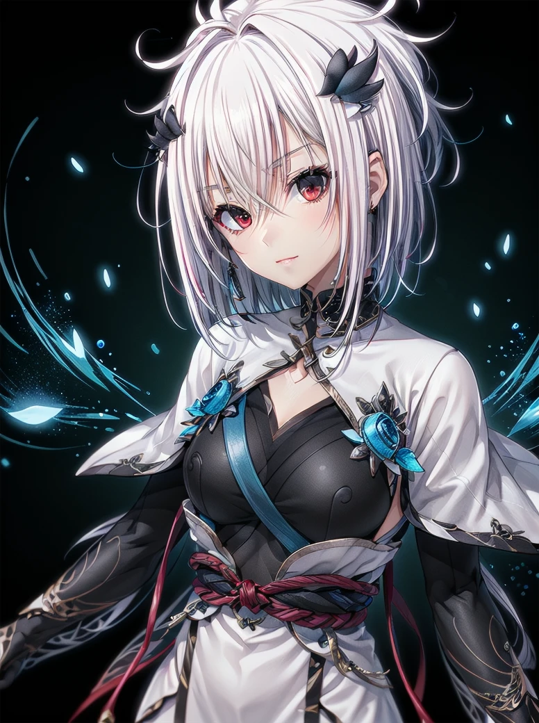 <lora:satake_ageha_v2-000025:0.7>, ageha, (detailed eyes:1.3), upper body, red eyes, asymmetrical hair, face focus, hair ornament, blue light particles,