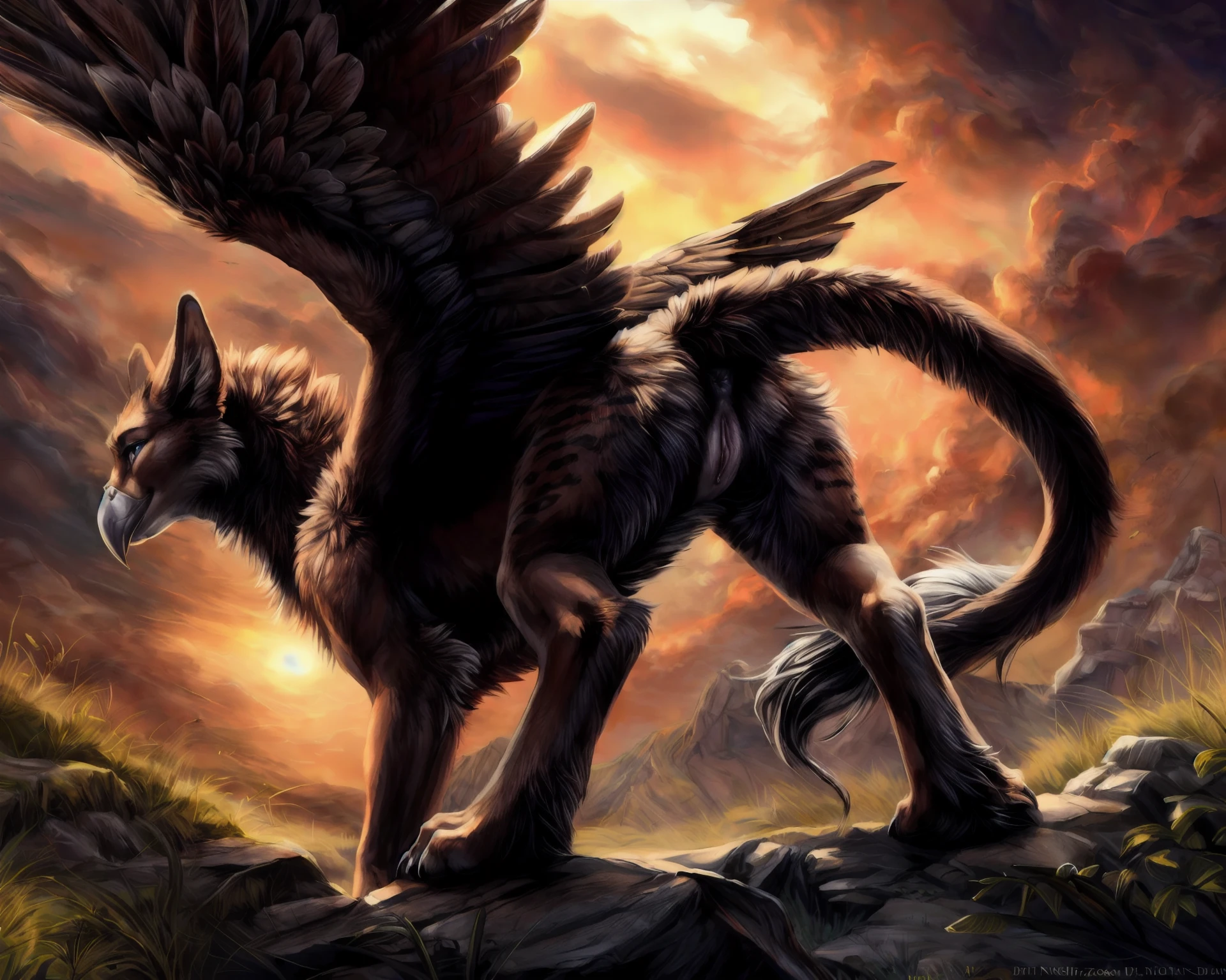 feral, gryphon, wings, spread wings, feathers, (beak), female, pussy, anus, black genitals, black anus, raised tail, paws,, best quality, shaded, extreme detail, highly detailed, ultradetailed, intricate, realistic, detailed background, hi res, realistic, photography \(artwork\), (by kenket), by ross tran, by michael & inessa garmash, by pino daeni, by isvoc, by kiguri, by alena aenami, by ruan jia, (by zenthetiger, by wolfy-nail), by Enki Bilal, by drmax, photorealism, <lora:add_detail:1.3>