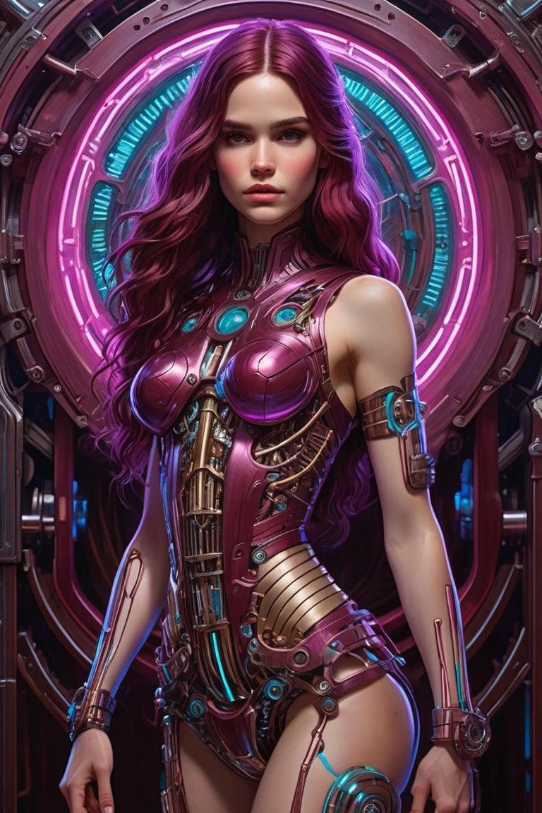 detailed, stylized by John William Waterhouse, professionally shot of a Biomechanical "In the symphony of acceptance, we embrace our imperfections, finding beauty in our vulnerabilities.", insane details, Neon Light, Colorful and Burgundy neon hue