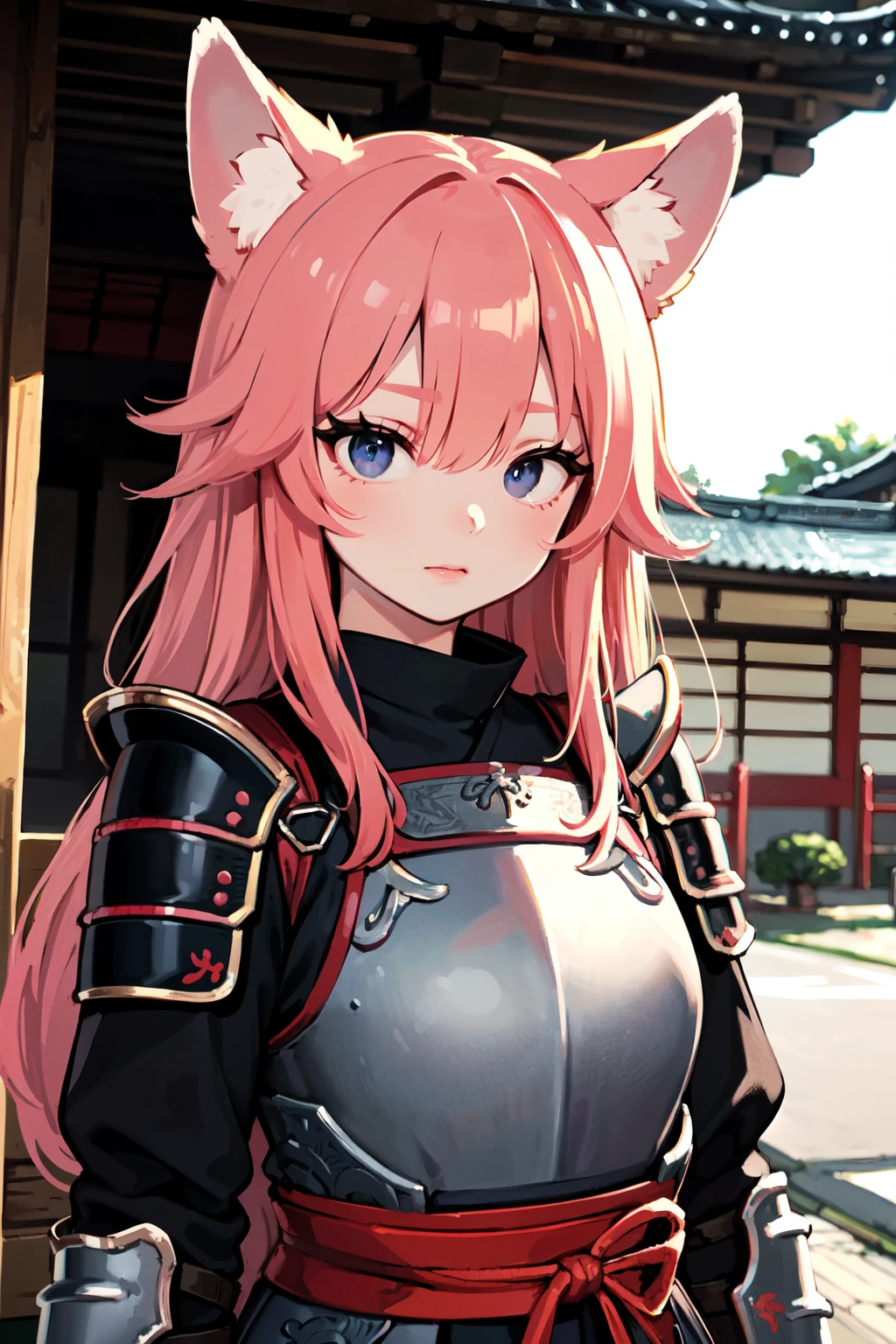 (best quality, masterpiece:1.1), (Intricate detailed:1.2), upper body, (1girl), aroused face, hot pink hair, very long hair, hair over one eye, (animal ears, racoon ears), (samurai armor:1.3), (samurai, armor, worrior) BREAK ( japanese streets, houses, traditional, (japan, japanese culture)) in the background,