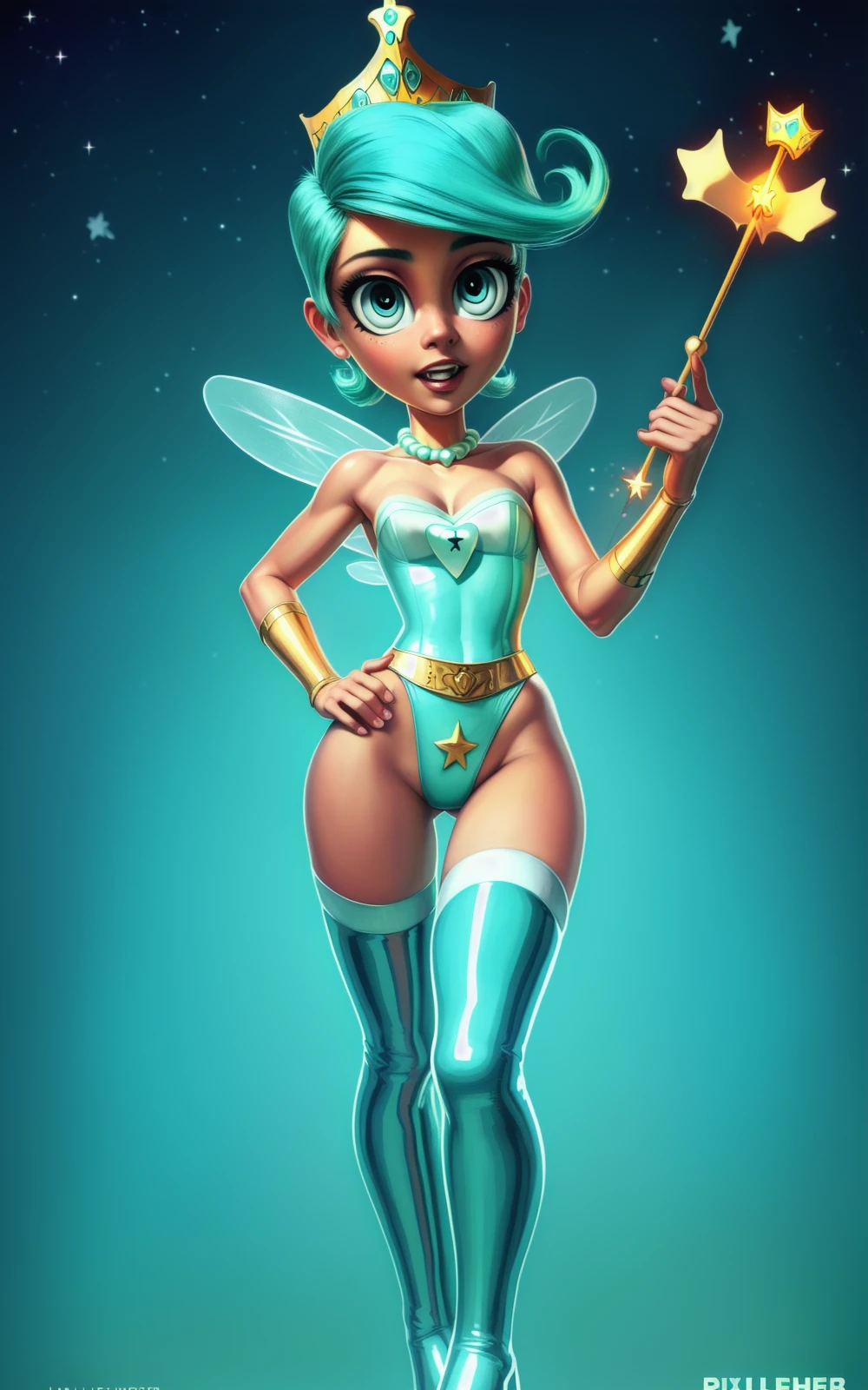 8k.4k,((Best quality, masterpiece, ultra high resolution)),((full body)),standing,by pixelsketcher,  <lora:Tooth Fairy:1.2>,Tooth Fairy,human, small wings, aqua hair, crown, leotard, jewelry, necklace, thigh boots,aqua eyes, star \(symbol\), aqua footwear,(( holding wand)),crown