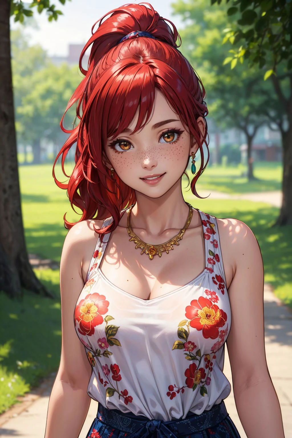 (masterpiece, best quality, hires, high resolution:1.2), (extremely detailed, intricate details, highres), 1girl, collarbone, wavy hair, looking at viewer, blurry foreground, upper body, necklace, contemporary, plain pants, ((intricate, print, pattern)), ponytail, freckles, red hair, dappled sunlight, smile, happy