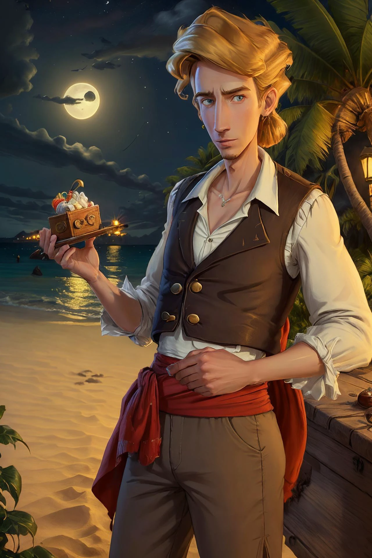 (best quality:1.2), (detailed:1.2), guybrush, solo, male focus, looking at viewer, standing, beach, sand, treasure chest, darkness, night, night sky, absurdres, <lora:guybrushnai-180:0.7>, <lora:detail_slider_v4:0.4>
