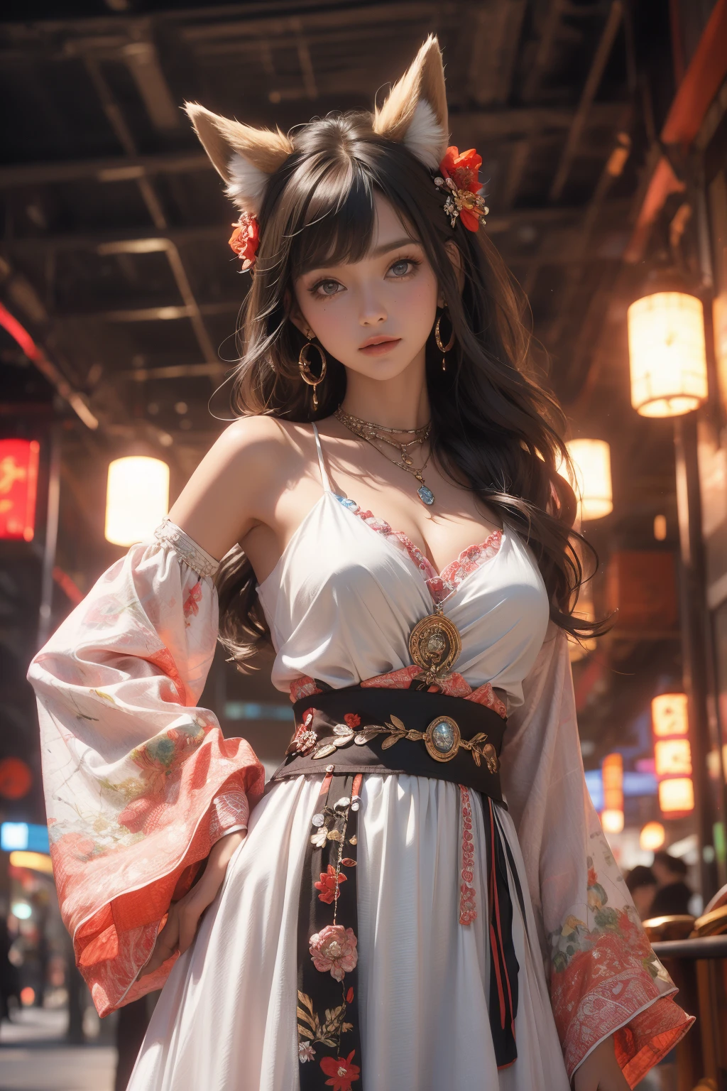 official art,unity 8k wallpaper,ultra detailed,beautiful and aesthetic,beautiful,masterpiece,best quality,1girl,animal ears,solo,breasts,jewelry,long hair,hair ornament,earrings,black hair,detached sleeves,looking at viewer,petals,sash,smile,brown eyes,multicolored hair,flower,hair flower,blue hair,cleavage,white dress,dress,bare shoulders,closed mouth,two-tone hair,necklace,hand up,fox ears,bangs,medium breasts,aged up,mature female,nice hands,perfect hands,(barefoot:0.5),pelvic curtain,