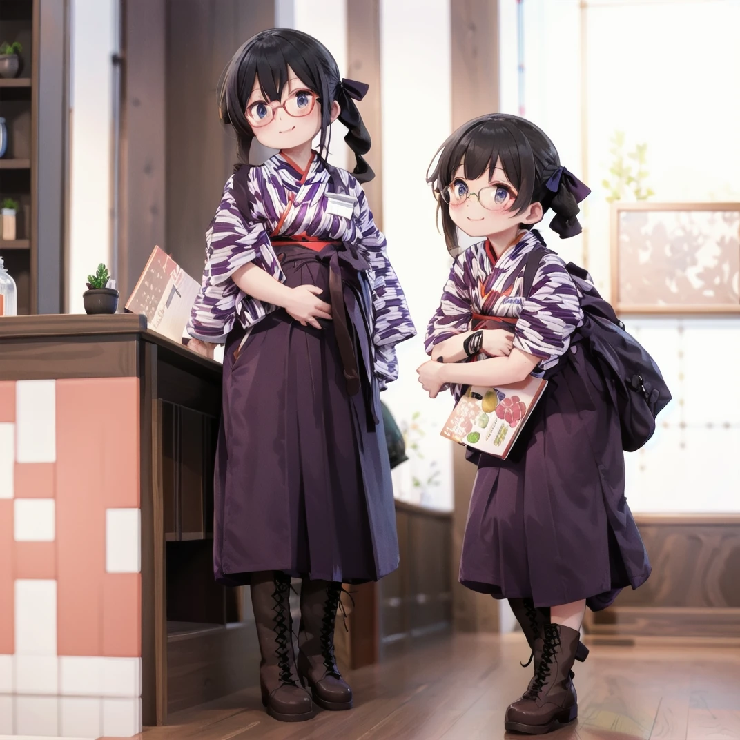 best quality, ultra-detailed, illustration,
BMC, 1girl, black hair, long hair, glasses, side ponytail, ribbon, hair ribbon, menu, holding, full body, smile, happy, 
 japanese clothes, yagasuri, hakama skirt, purple hakama, kimono, indoors, tasuki, boots, cross-laced footwear, lace-up boots, 
food, indoors, 
 <lora:Basyamichi_uniform_SD15_V7:1>