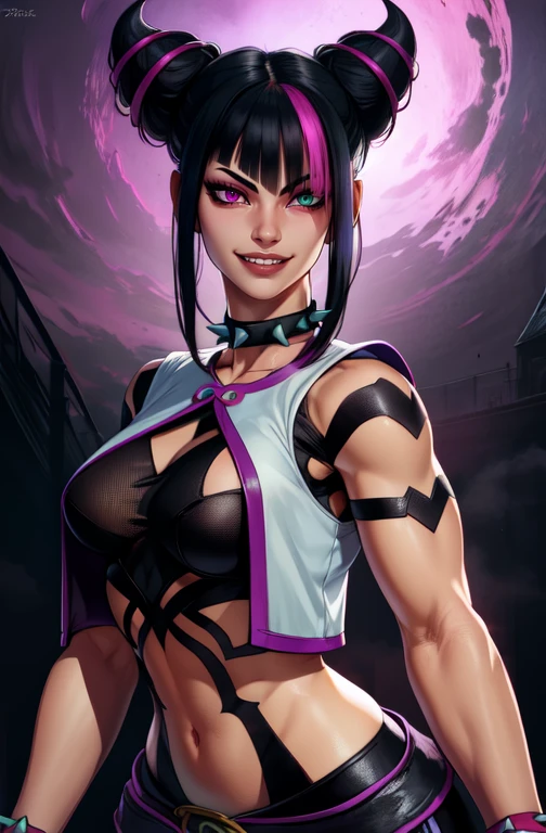 Juri , black hair,two-tone hair, hair horns, purple eyes, heterochromia,
spiked bracelet, spiked collar, fingerless gloves, white vest, navel,
standing, upper body, evil smile,
night club,
(insanely detailed, beautiful detailed face, beautiful detailed eyes, masterpiece, best quality),solo,
<lora:JuriSF6-10:0.8>