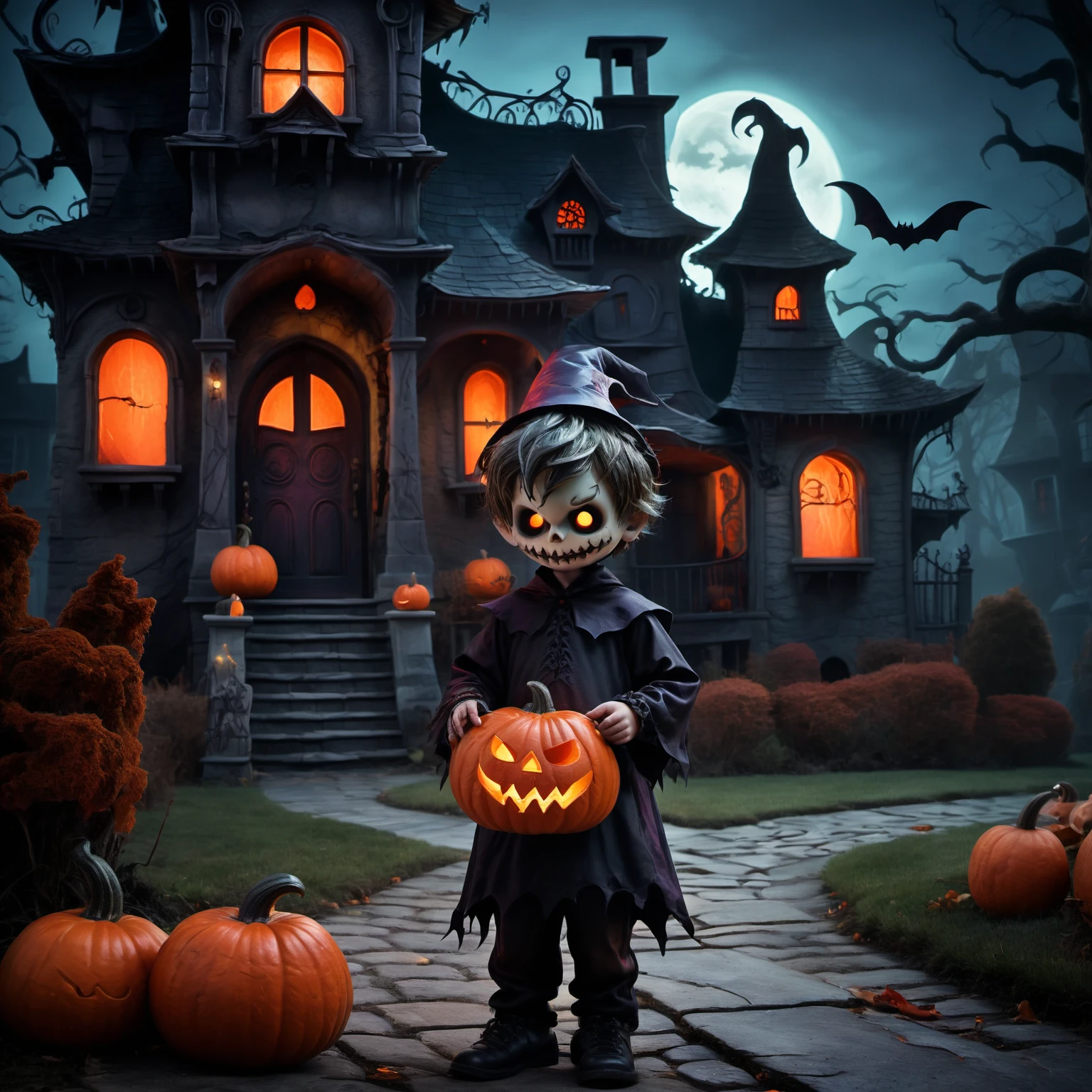 a mischievous boy in a Halloween costume, standing in front of a haunting house with a pumpkin in hand. The boy's costume is a playful yet spooky creation, with vibrant colors, whimsical accessories, and a mischievous grin on his face. He holds a perfectly carved pumpkin, its candlelight flickering with an enchanting glow. The haunting house behind him exudes an air of mystery, with its looming presence, creaking doors, and eerie shadows.<lora:halloweenXL:0.8>