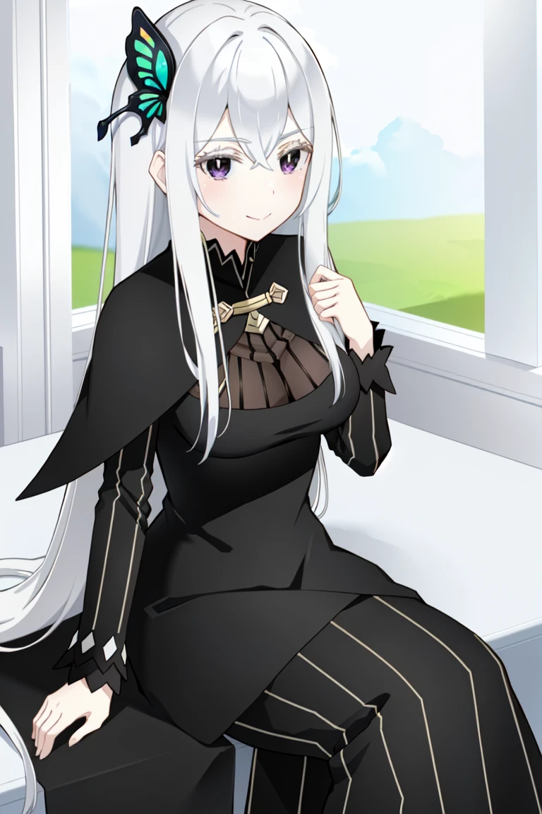 Echidna
<lora:EchidnaV2:0.8>
1girl, bangs, black_capelet, black_dress, blush, breasts, butterfly_hair_ornament, capelet, closed_mouth, colored_eyelashes, dress, hair_between_eyes, hair_ornament, knee_up, large_breasts, long_hair, long_sleeves, looking_at_viewer, medium_breasts, purple_eyes, silver_hair, sitting, smile, solo, striped, striped_dress, vertical_stripes, very_long_hair