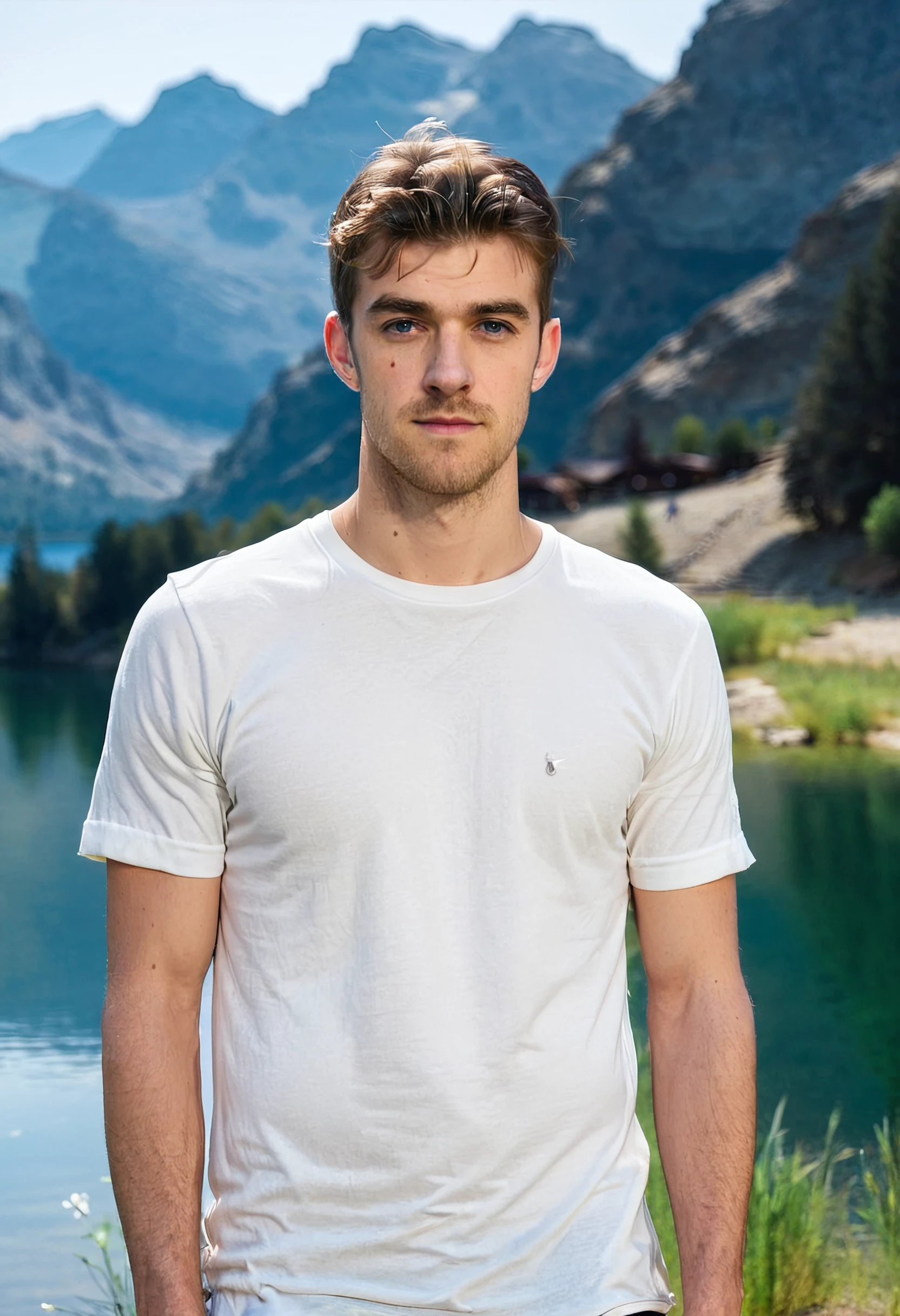 A photo of AndrwTggrt standing by a lake, wearing a white shirt, looking at viewer, face shot, 8k