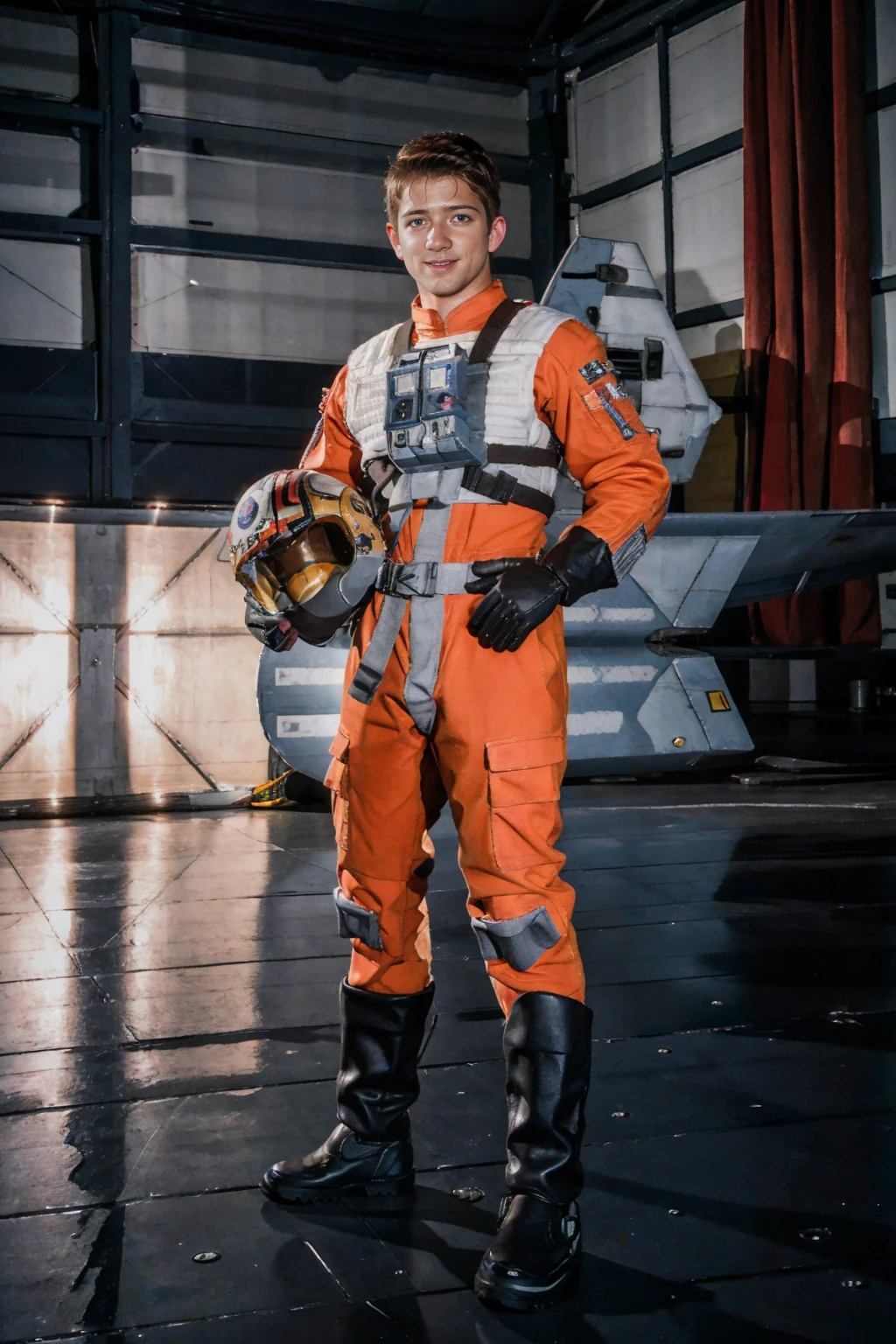 hangar of rebel base, standing in front of X-Wing fighter, (SebastianKross), rebel pilot suit, slight smile, holding helmet, highly detailed, sharp focus, high skin detail, photorealistic, masterpiece, (((full body portrait))), (full body), wide angle, (high face detail), (even lighting), <lora:SebastianKross:0.75> <lora:RPSV3:0.55>