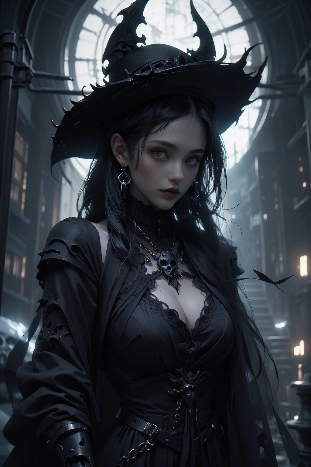 in frame, full body, a beautiful woman on the streets of Mont Saint-Michel at night, a vampire with bloodlust, vampire fangs showing, luscious red lips, (incredibly sexy:1.3), pale skin, thin face, luscious long black hair, heavy makeup, dark eyes, dark eyeliner, dark makeup, skin blemishes, (large soft breasts:1.4), (thin tight body:1.4), thin hips, (tight defined butt:1.3), tight stomach, thick shapely legs, naked, a long black velvet cape with a hood, knee high boots, black choker, seductive, masterpiece, photorealistic, detailed, 8k, HDR, shallow depth of field, dark nighttime sky, dark shadows, creepy atmospheric, high contrast, backlighting, bloom, chromatic aberration, sharp focus, RAW color photo
