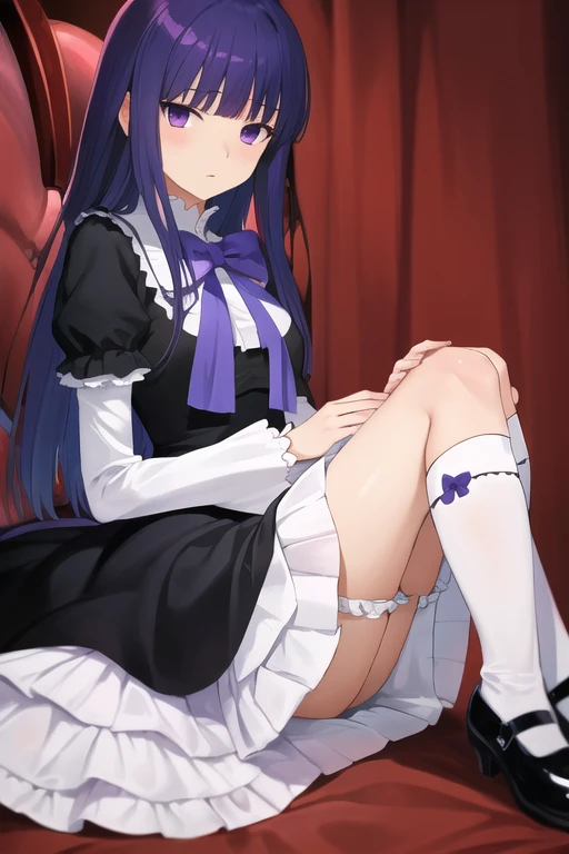 masterpiece, best quality, ultra-detailed,  frederica bernkastel, purple eyes, purple hair, long hair, purple bow, dress, frills, white kneehighs,  kneehighs bow, mary janes,