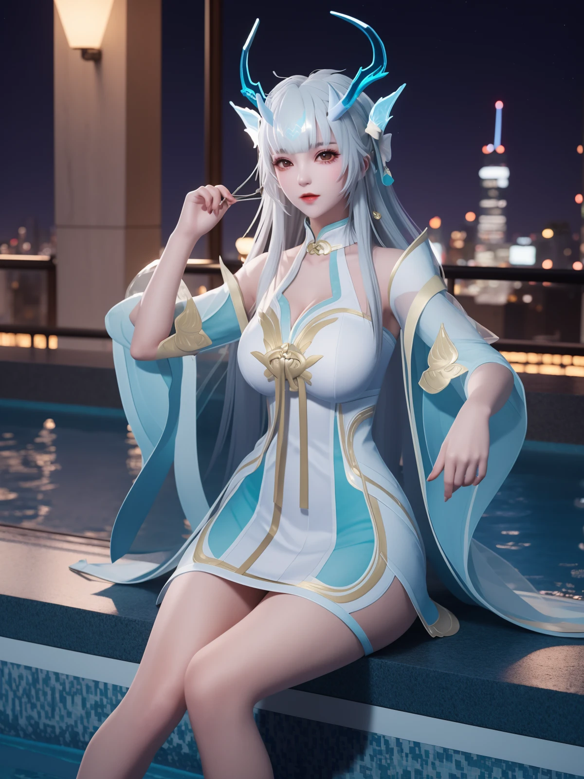 WZRYxishiYLQY, 1girl, solo, long hair, dress, white hair,horns, headgear, <lora:WZRYxishiYLQY:0.75>,cityscape, night, looking at viewer, mature female, pool,long sleeves,see-through,collar, wide sleeves, sitting,