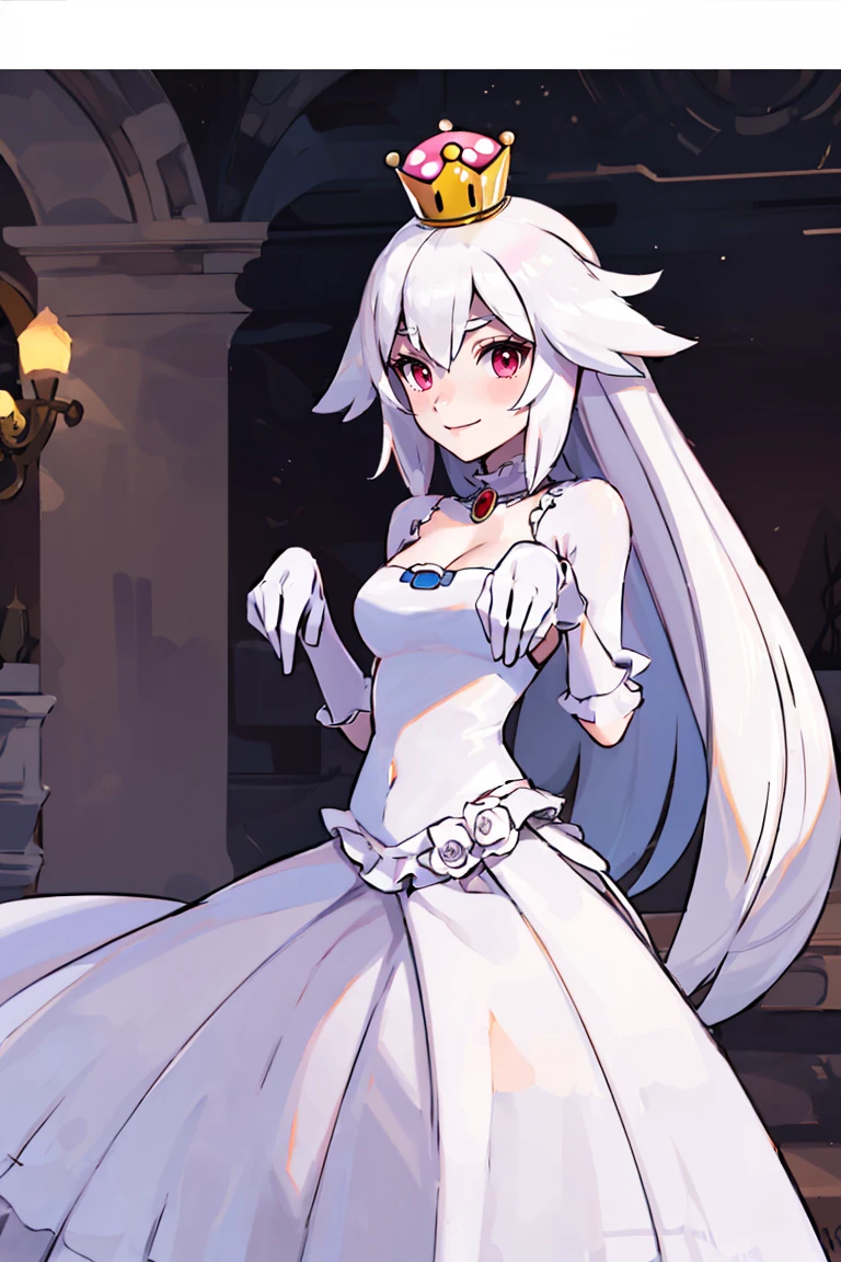 <lora:Sugimori_Ken_Style_v1:0.8>, ((masterpiece,best quality)), absurdres, <lora:Boosette_Mario_Anime:0.9>, Boosette_Mario, 1girl, long hair, white hair, long white dress, ballroom dress, white gloves, solo, smiling, blushing, looking at viewer, cowboy shot, cinematic composition,