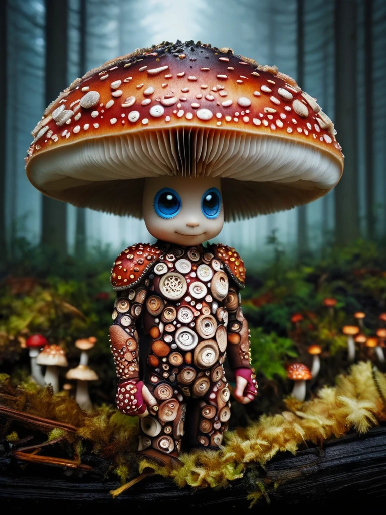 superhero in mushroom outfit, male, godrays from above, in myhtical forest, at night, fog, mushroomz <lora:mushroomz:1>