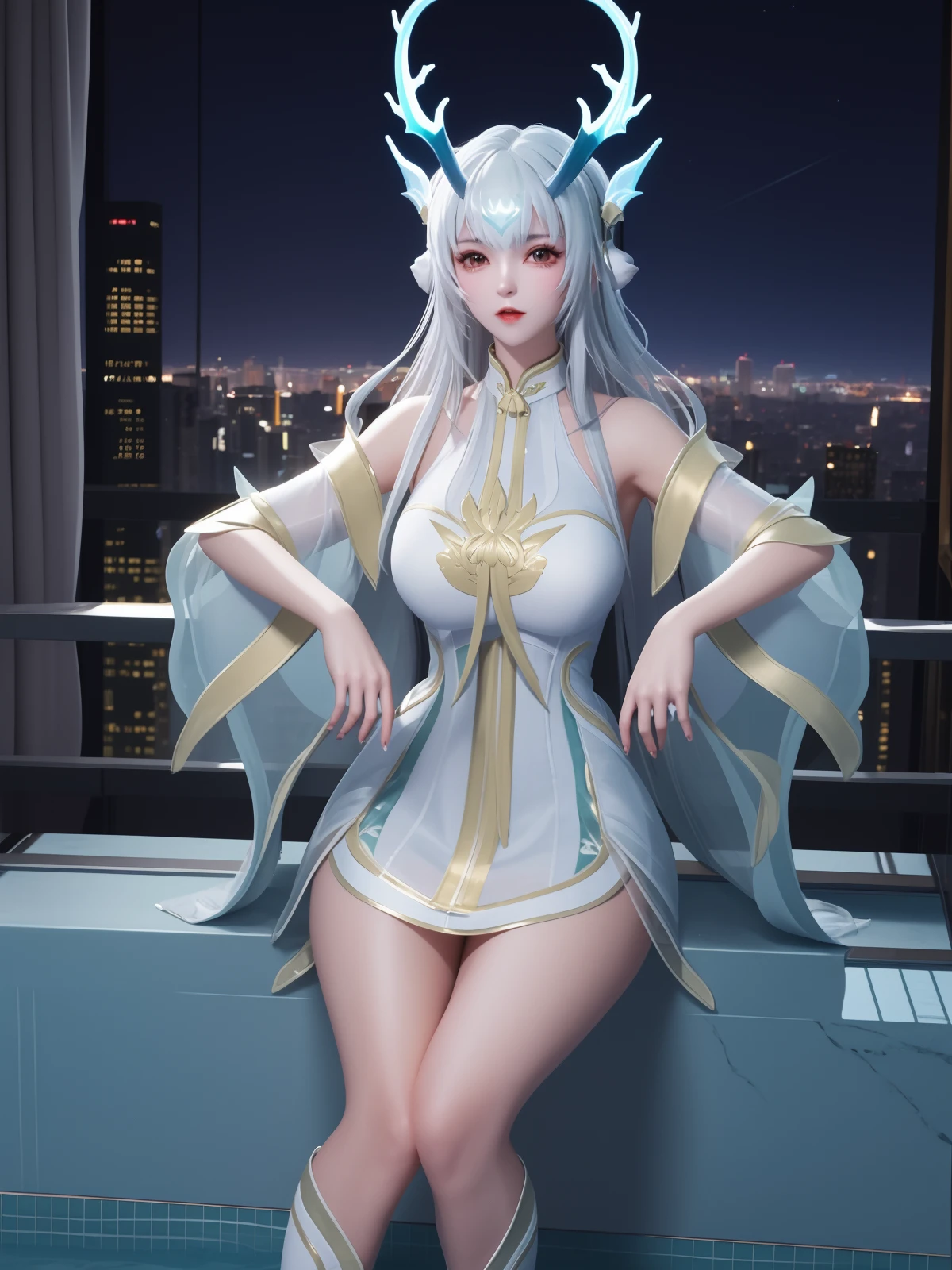 WZRYxishiYLQY, 1girl, solo, long hair, dress, white hair,horns, headgear, <lora:WZRYxishiYLQY:0.75>,cityscape, night, looking at viewer, mature female, pool,long sleeves,see-through,collar, wide sleeves, sitting,