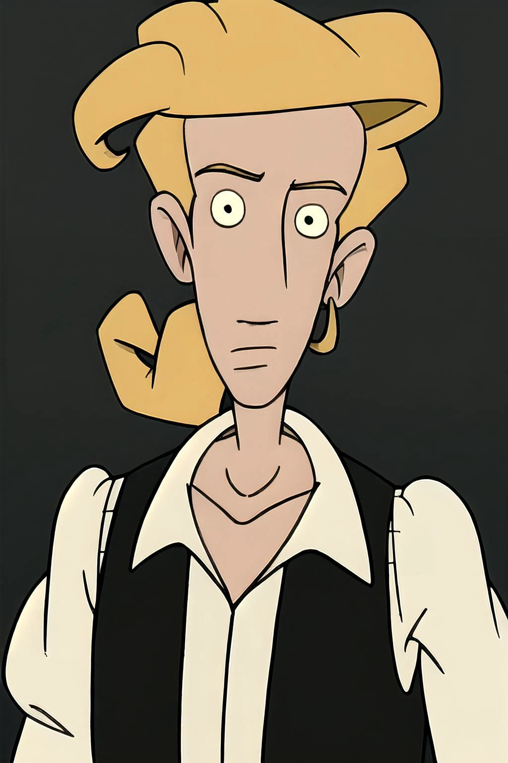 (best quality:1.2), (detailed:1.2), guybrush, solo, male focus, upper body, (looking at viewer:1.2), (simple background, black background,:1.2), absurdres, <lora:guybrush:0.9>