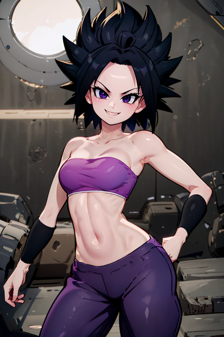 <lora:Mantis_Style:0.8>, ((masterpiece,best quality)), , <lora:Caulifla_DB_v3_Anime:0.8>, Caulifla_DB, bare shoulders, midriff, purple baggy pants, pink tube top, black bracelets,solo, smiling, smug, looking at viewer, cowboy shot, cinematic composition,