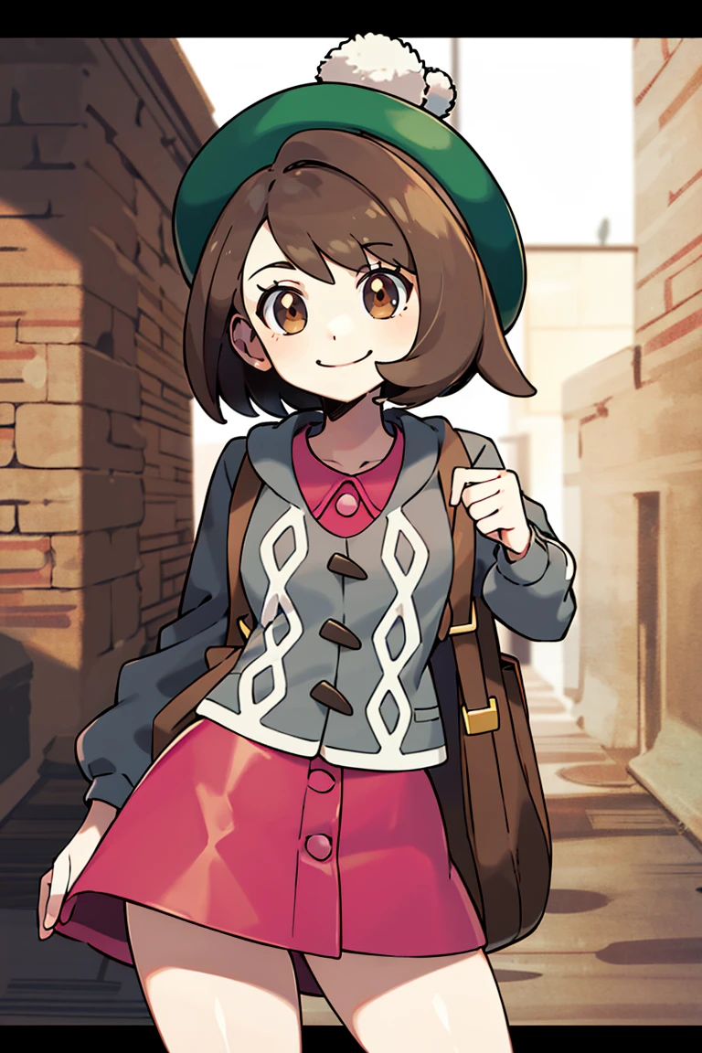 <lora:Sugimori_Ken_Style_v2:0.8>, ((masterpiece,best quality)), absurdres, <lora:gloria_(pokemon)_v1:0.7>, gloria \(pokemon\), brown hair, solo, backpack, brown eyes, tam o' shanter, grey cardigan, pink dress, short hair, green socks, socks, brown bag, bob cut, bangs, long sleeves, collared dress, solo, smiling, looking at viewer, cowboy shot, cinematic composition, contrapposto,
