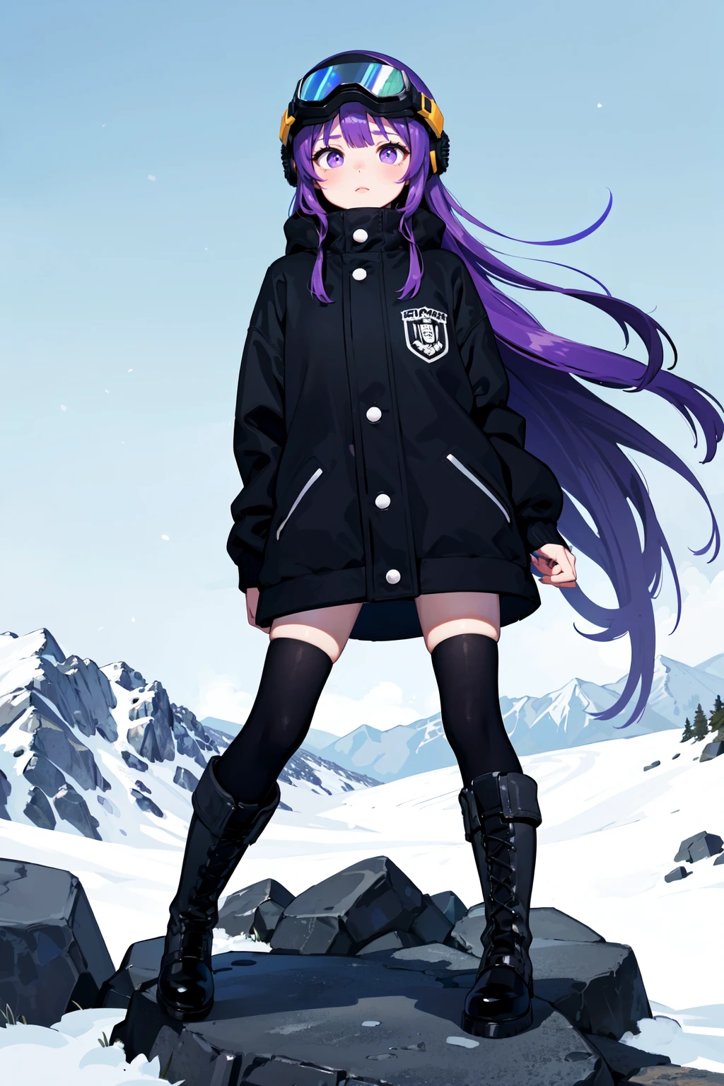 (best quality, masterpiece:1.1), (Intricate detailed:1.2), close up, (1girl), sad face, purple hair, absurdly long hair, pointy hair, black jacket, boots, (helmet, goggles:1.2) BREAK ( snowy mountaintop, winter clothes, standing on a rock) in the background,