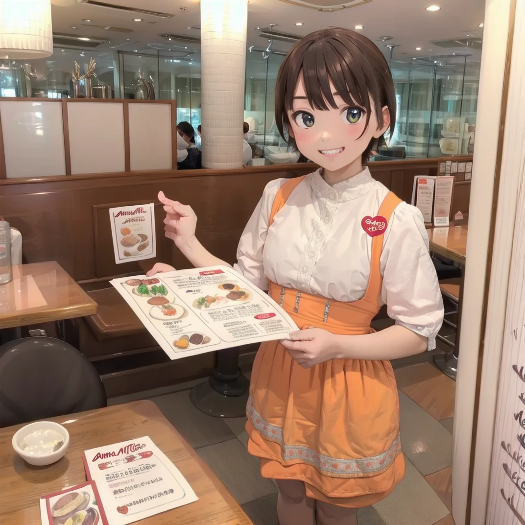 best quality, ultra-detailed, illustration,
AMTS, AMSC, solo, waitress, smile, restaurant, indoors, looking at viewer, 1girl, short hair, grin, orange skirt, orange apron, chair, shirt, holding, menu, table,
<lora:AMSC_AnnaMillers_uniform_SD15_V3:1>