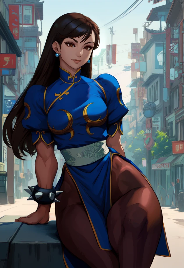 chun li, brown hair, brown eyes, long hair,
chinese clothes, spiked bracelet, small earrings , blue long pelvic curtain, sash, pantyhose, muscular thighs, thick thighs,
sitting, smile, cowboy shot,
streets, morning,
(insanely detailed, beautiful detailed face, beautiful detailed eyes, masterpiece, best quality),solo, <lora:chunlieSF6:0.8>